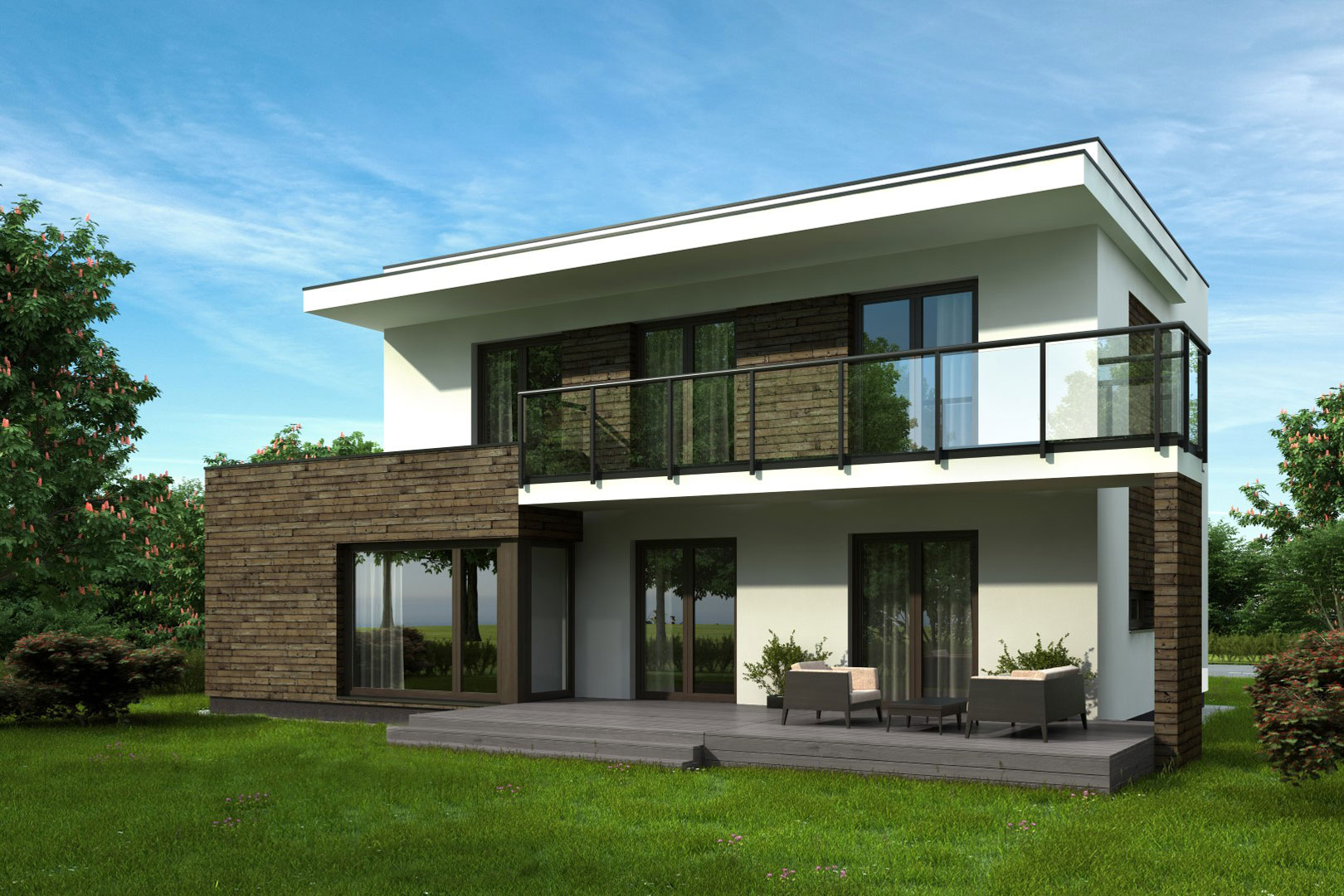 Eine moderne 3D-Visualisierung eines zweigeschossigen Einfamilienhauses mit großzügiger Terrasse, Glasfronten und grünem Garten im Vordergrund.