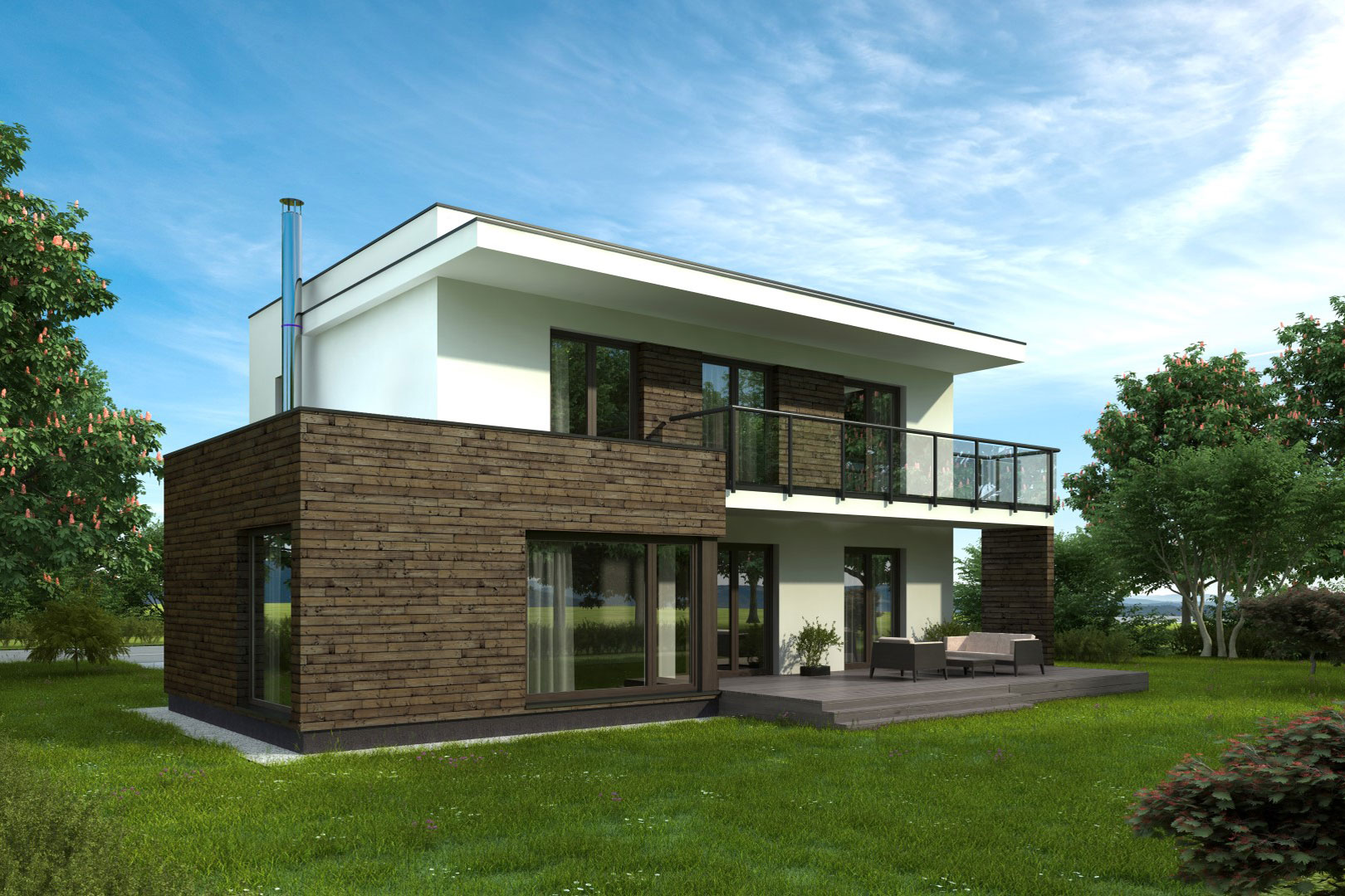 3D-renderte Außenansicht eines modernen, zweigeschossigen Einfamilienhauses mit Holz- und Putzfassade, großer Glasfront und Terrasse im Erdgeschoss sowie Balkon im Obergeschoss.