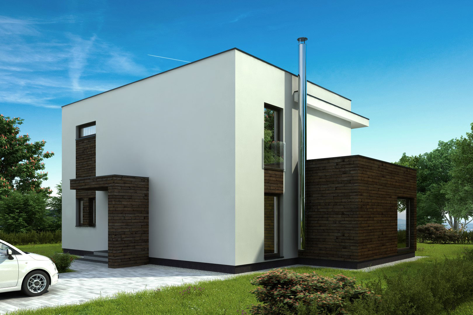 3D-renderte Außenansicht eines modernen Einfamilienhauses mit hellen und dunklen Fassadenelementen sowie einem kleinen Carport.