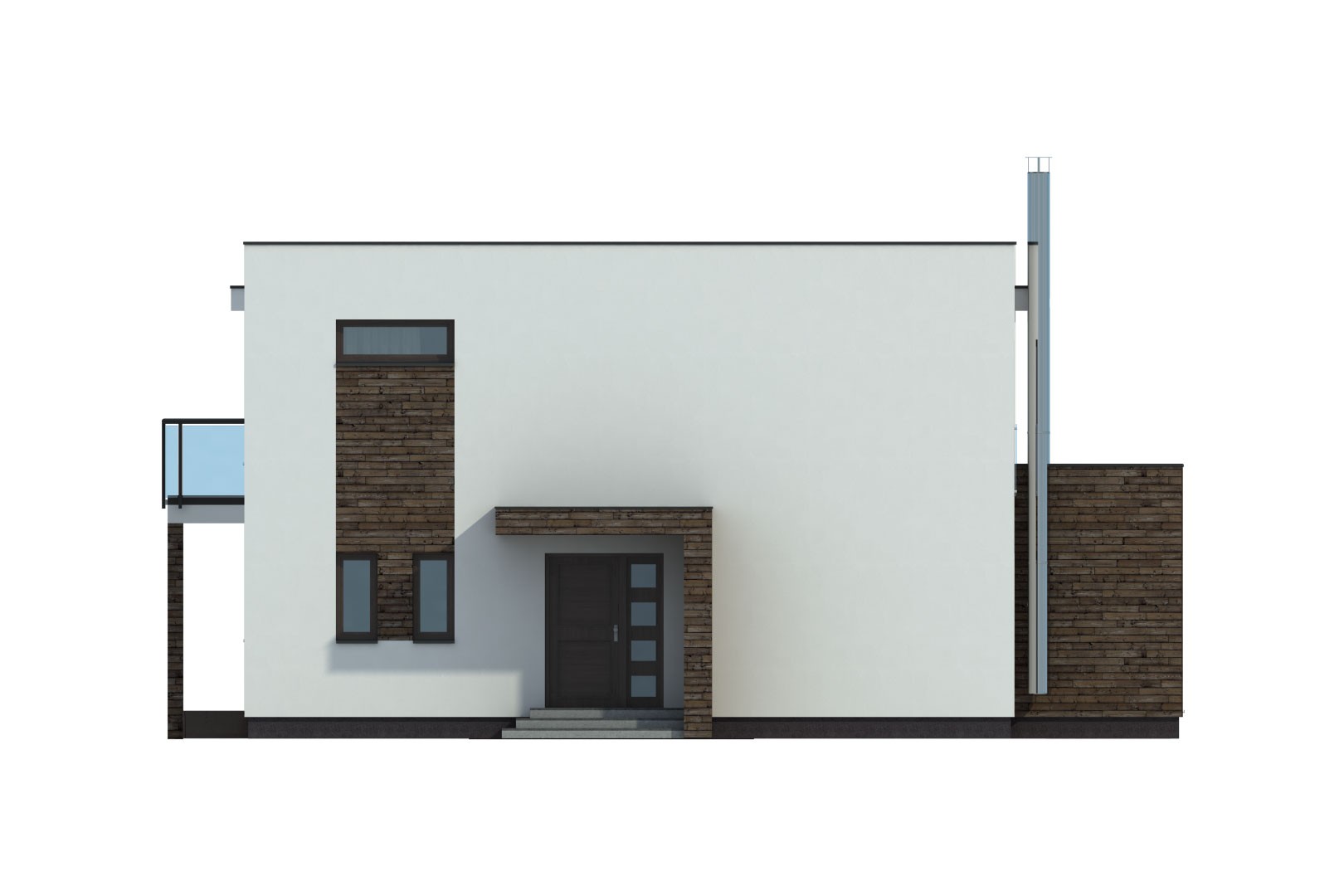 3D-renderte Außenansicht eines modernen Einfamilienhauses mit hellen und dunklen Fassadenelementen sowie einem kleinen Carport.