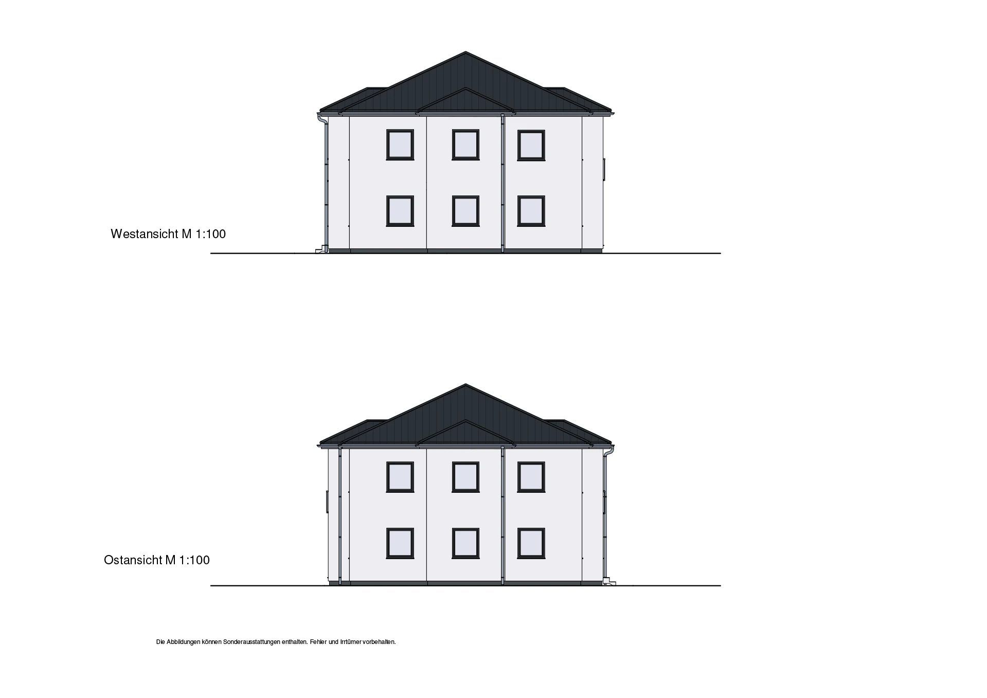 Nordansicht eines zweistöckigen Hauses in einer schematischen Skizze ohne Details wie Möbel oder Landschaft.