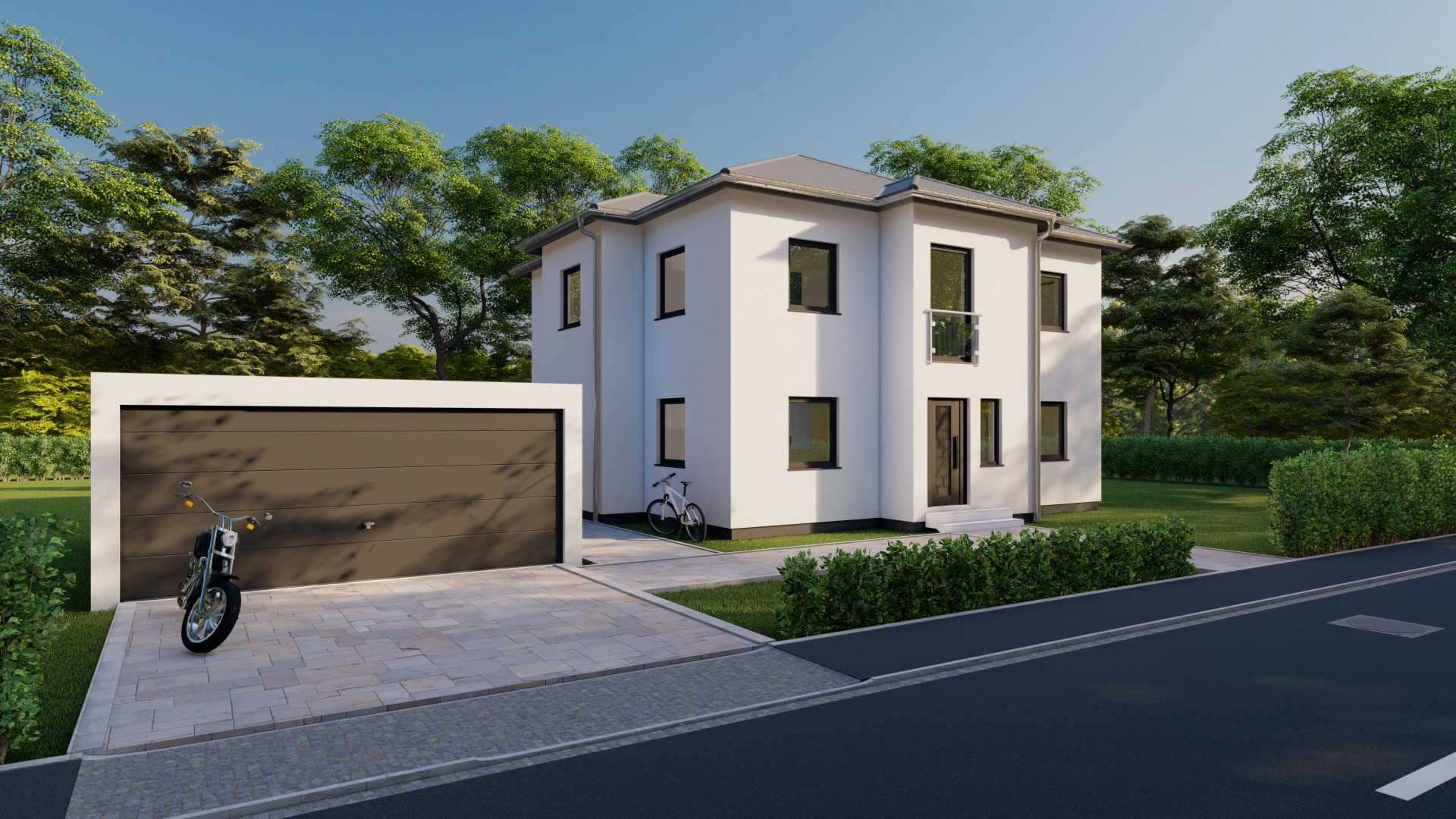 3D-renderte Außenansicht eines modernen Einfamilienhauses mit Garten und gepflastertem Weg, inklusive eines geparkten weißen Autos.