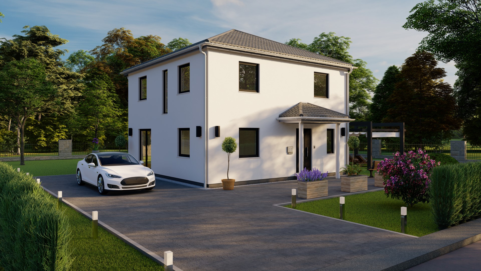 3D-renderte Außenansicht eines modernen Einfamilienhauses mit Garten und gepflastertem Weg, inklusive eines geparkten weißen Autos.