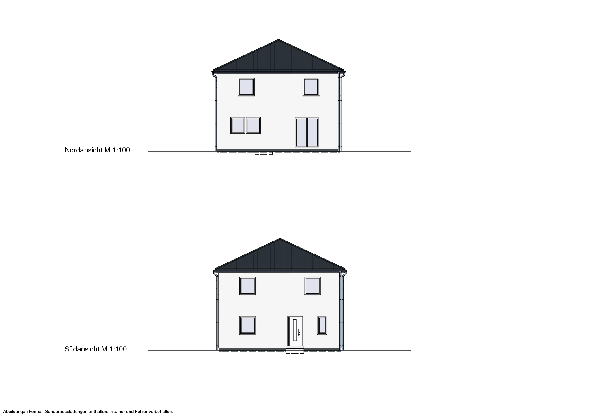 Nordansicht eines zweistöckigen Hauses in einer schematischen Skizze ohne Details wie Möbel oder Landschaft.