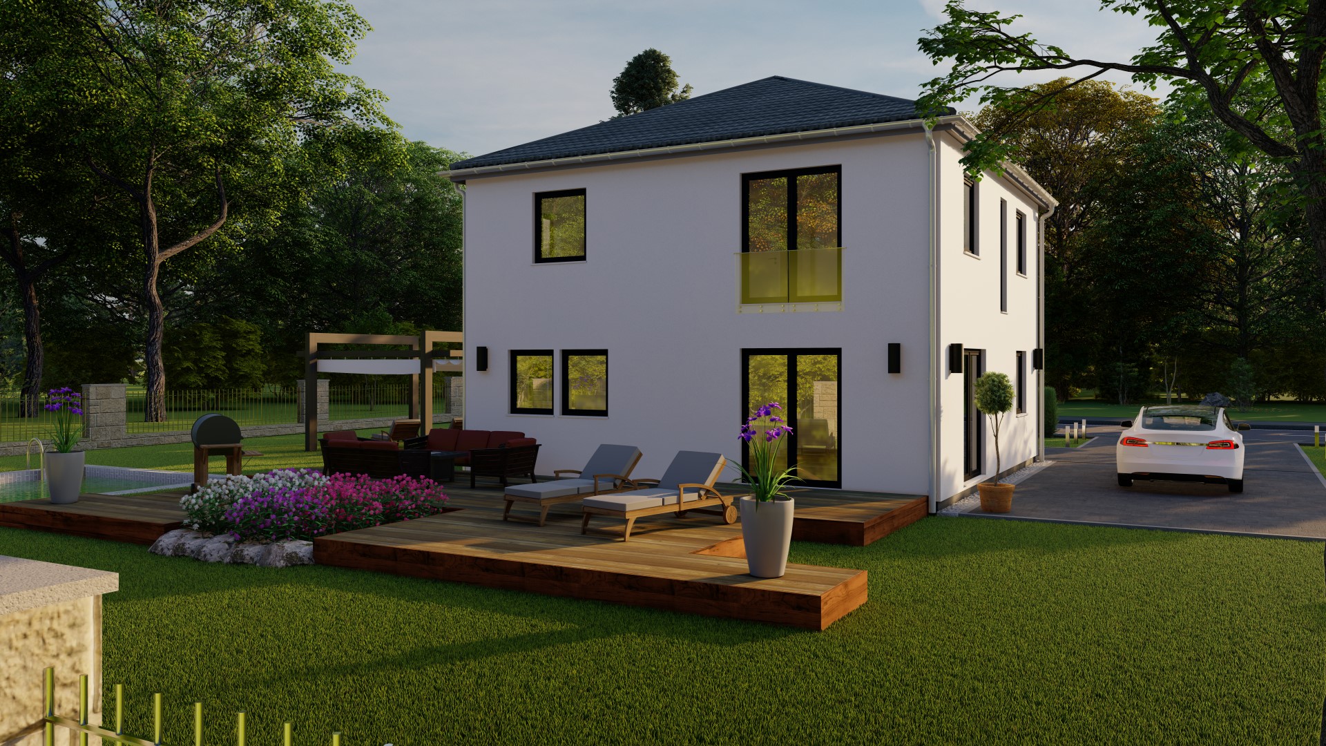 3D-Rendering eines modernen Einfamilienhauses mit Garten und Terrasse, inklusive Möblierung und Landschaftsgestaltung.