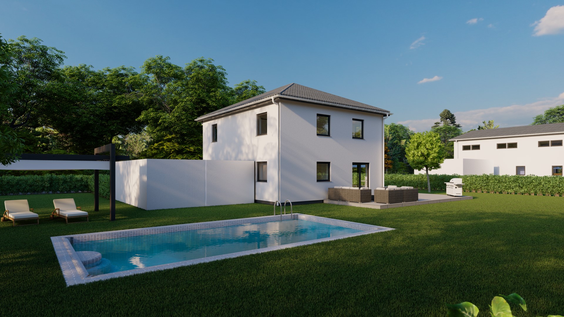 3D-renderte Visualisierung eines modernen Einfamilienhauses mit Pool im Garten.