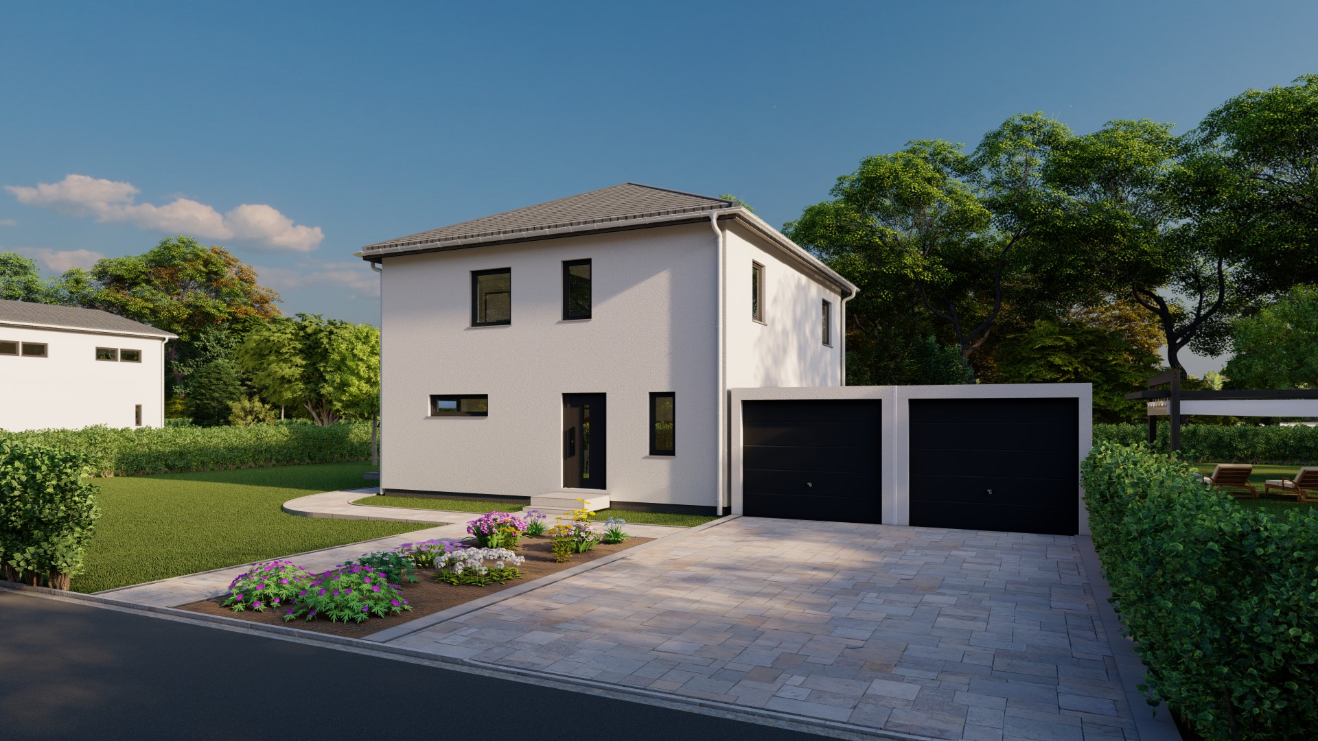 3D-renderte Visualisierung eines modernen Einfamilienhauses mit hellen Außenwänden, zwei Garagentüren und gepflegtem Garten.