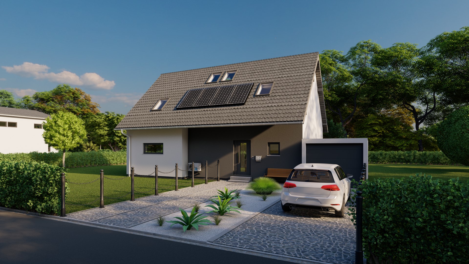 3D-Rendering eines modernen Einfamilienhauses mit Garage, Solarpanelen auf dem Dach und gepflegter Gartenanlage