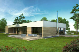 3D-renderte Außenansicht eines modernen Einfamilienhauses mit Holz- und Putzfassade, Terrasse und Garten.