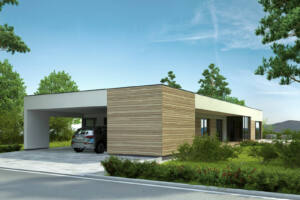 3D-Rendering eines modernen Einfamilienhauses mit Holzfassade und überdachter Garage, umgeben von Landschaftselementen.