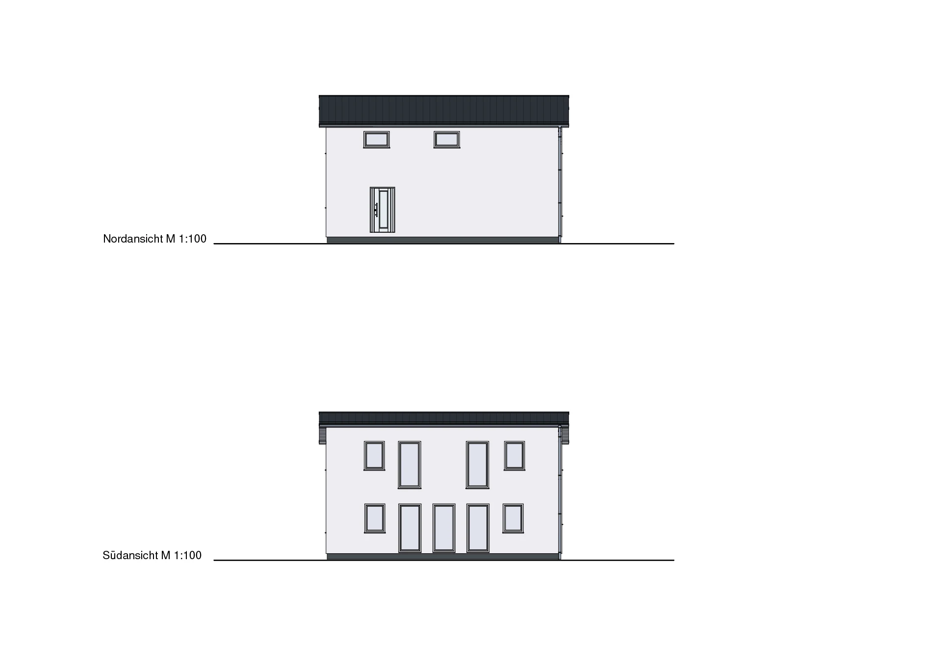 Zwei schematische Außenansichten eines Hauses aus Nord- und Südperspektive im Maßstab 1:100.