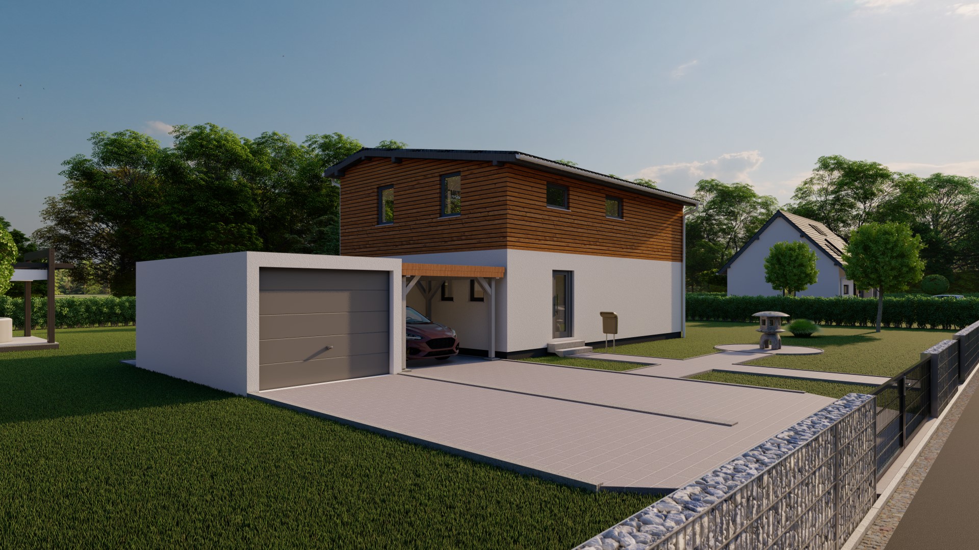 3D-Rendering eines modernen Einfamilienhauses mit Garage und umgebendem Garten sowie Zaun.