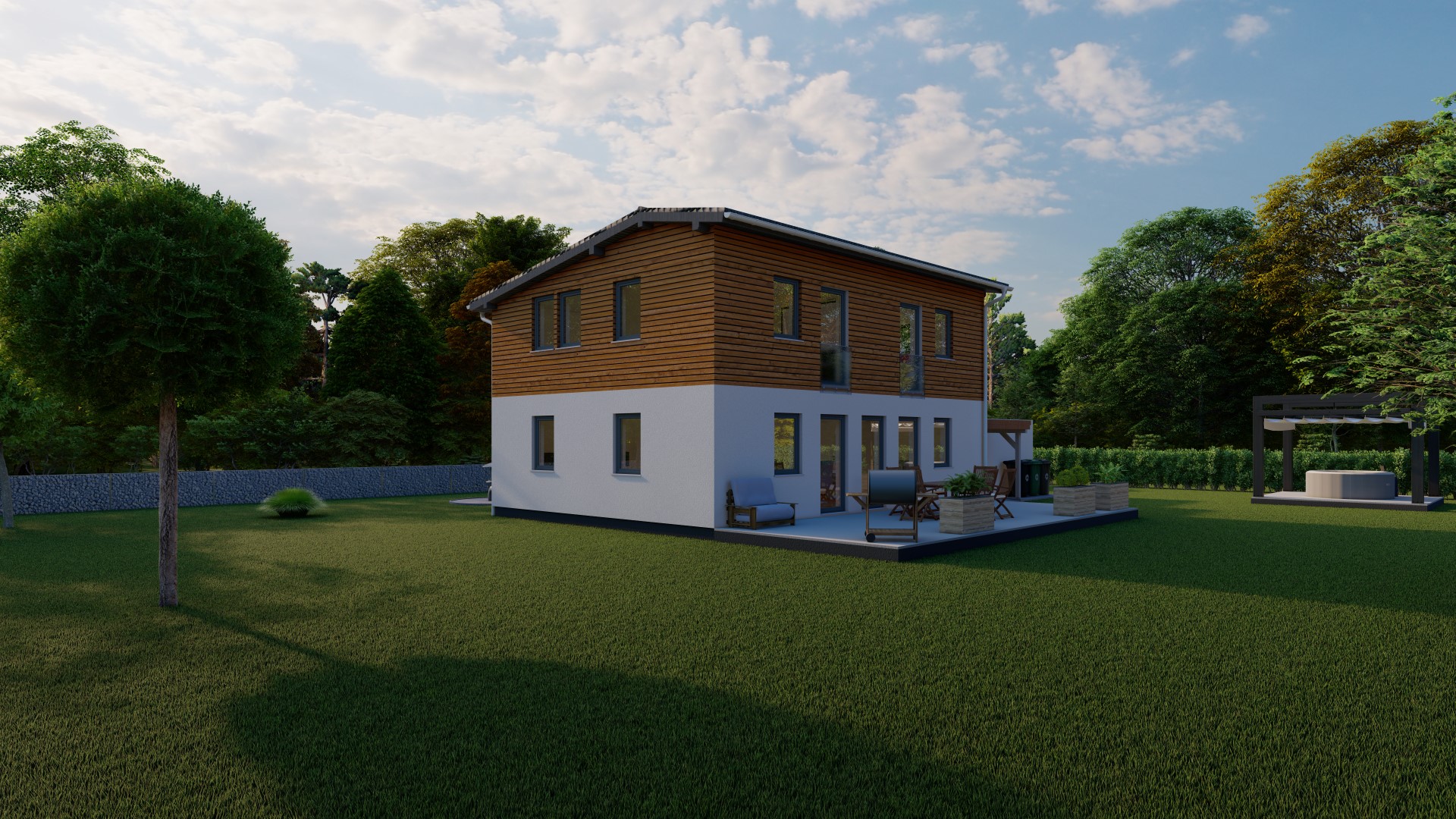 3D-Rendering eines modernen zweistöckigen Einfamilienhauses mit Holzfassade im Obergeschoss und weißer Fassade im Erdgeschoss, umgeben von einer grünen Landschaft und Garten.