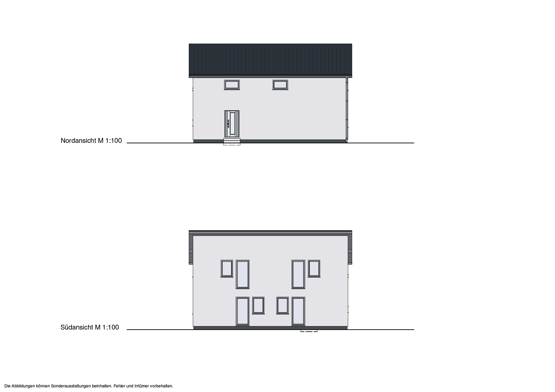 Zwei architektonische Skizzen der Außenansichten eines Hauses aus Nord- und Südperspektive im Maßstab 1:100