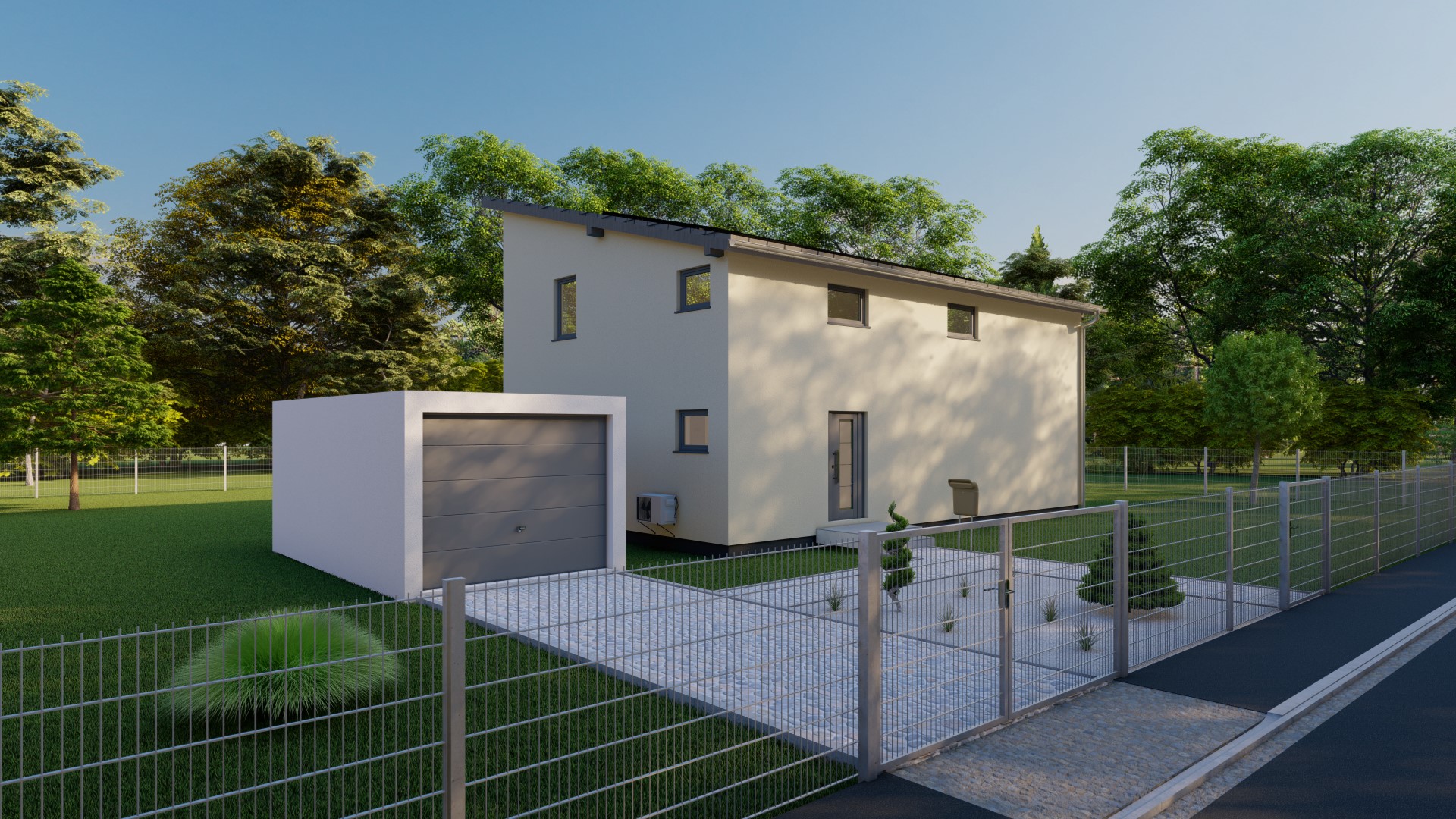 3D-Rendering eines kleinen Einfamilienhauses mit Garage und Metallzaun, umgeben von Grünflächen und Bäumen