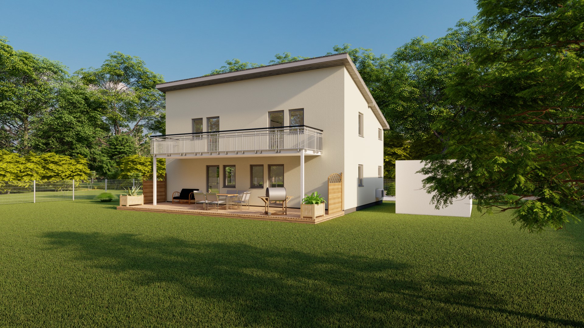 3D-Rendering eines modernen zweistöckigen Einfamilienhauses mit Garten und Terrasse
