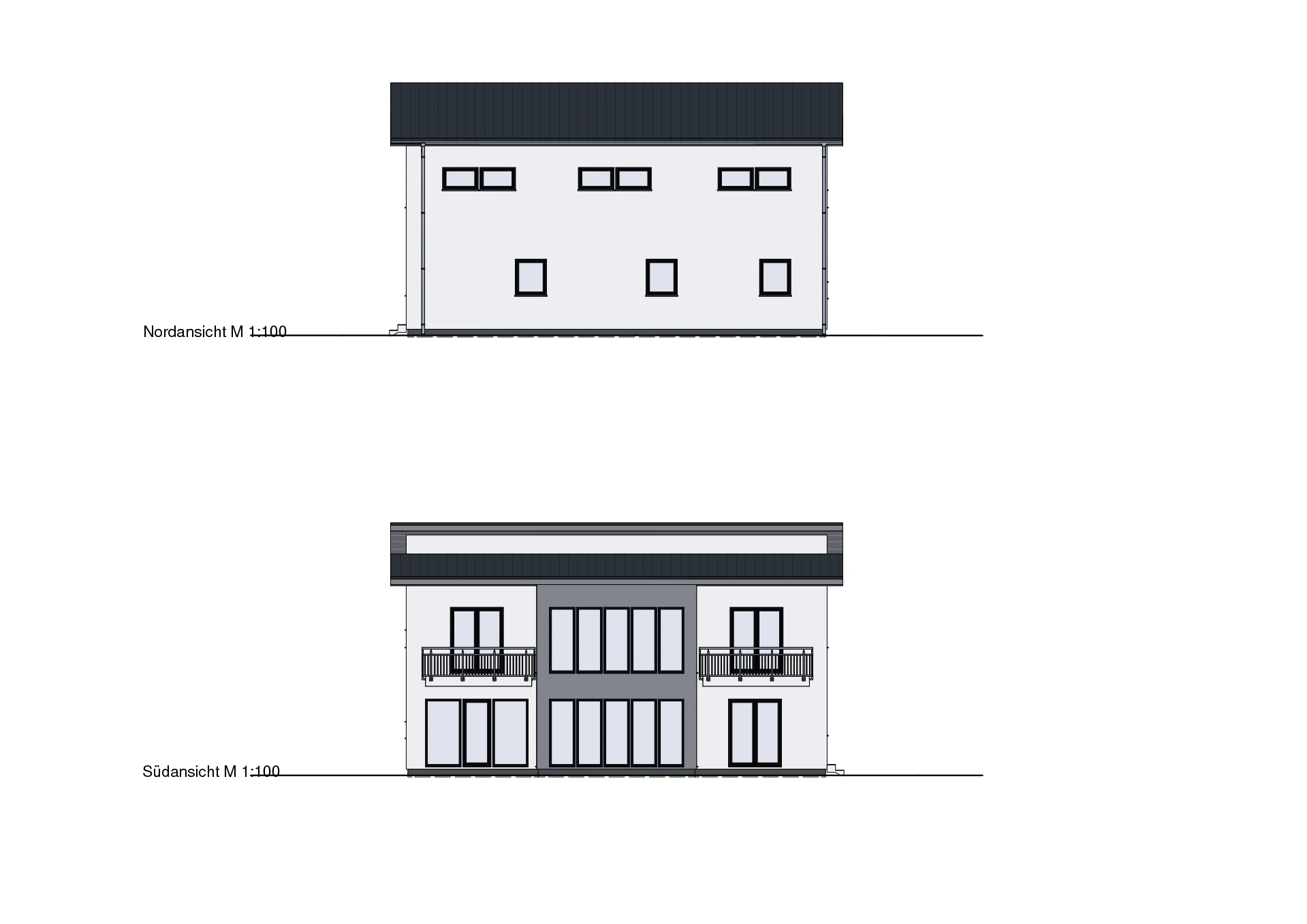 Architektonische Skizze der Nord- und Südansicht eines Gebäudes im Maßstab 1:100