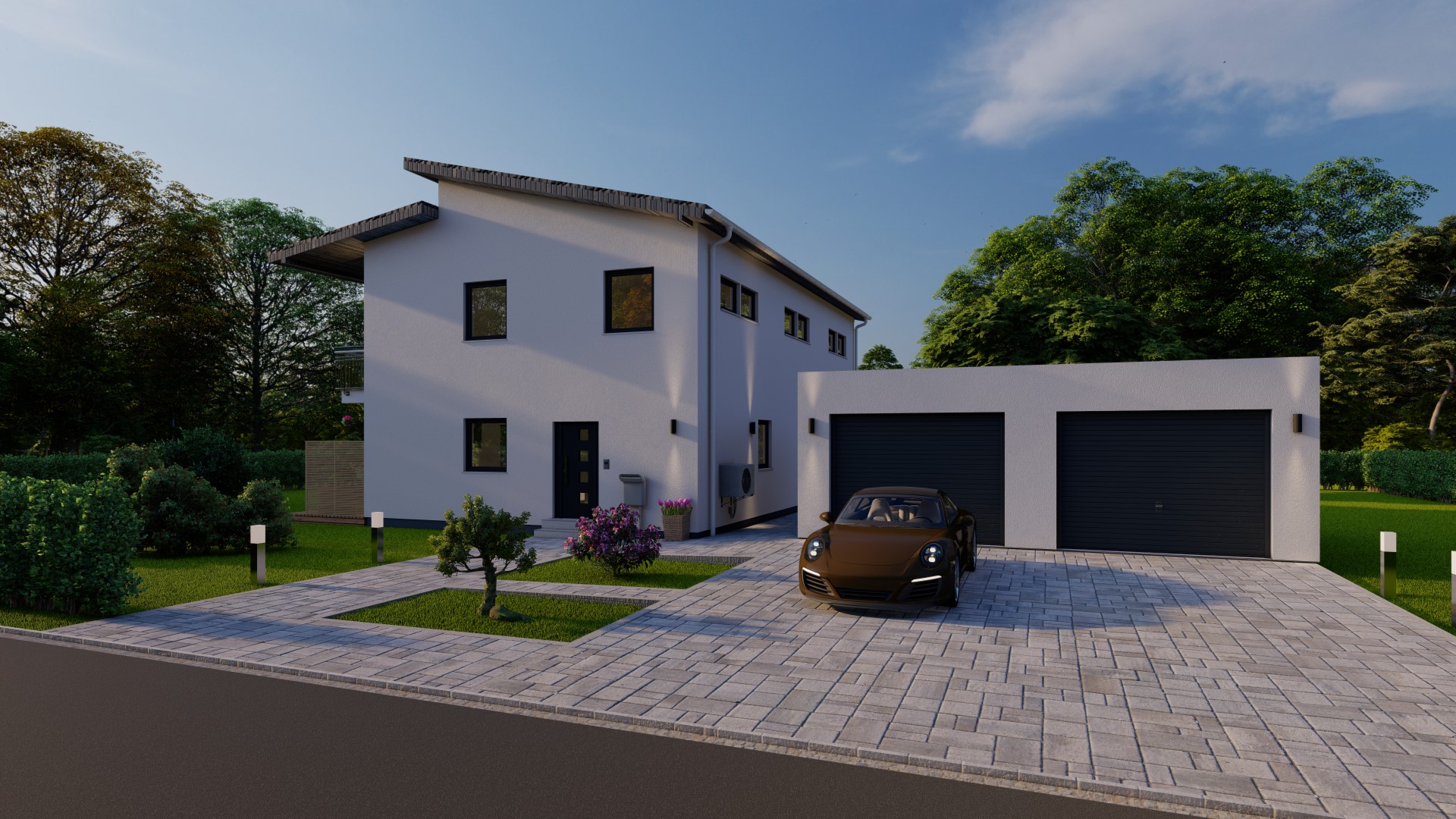 3D-Rendering eines modernen Einfamilienhauses mit Garage und gepflegter Außenanlage