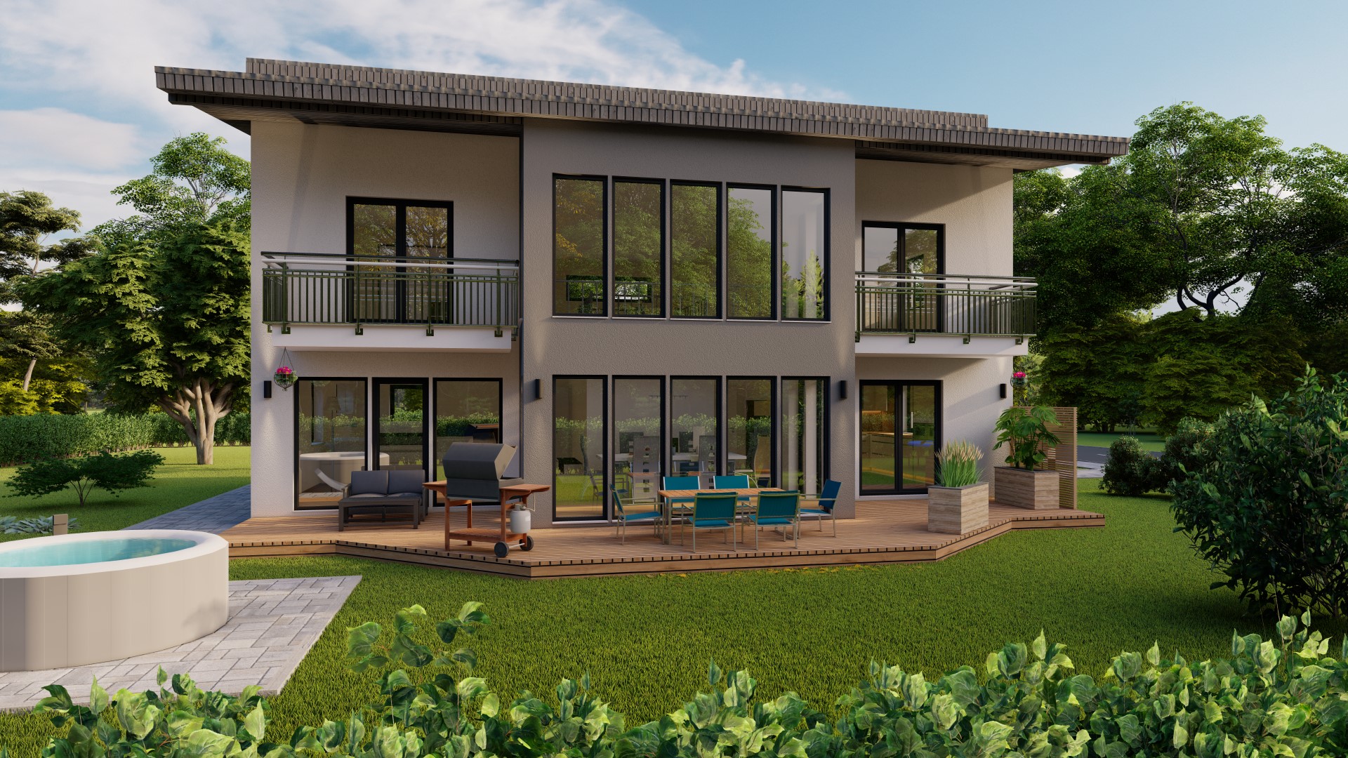 3D-Rendering eines modernen zweistöckigen Hauses mit Pool und Terrasse in einer grünen Umgebung