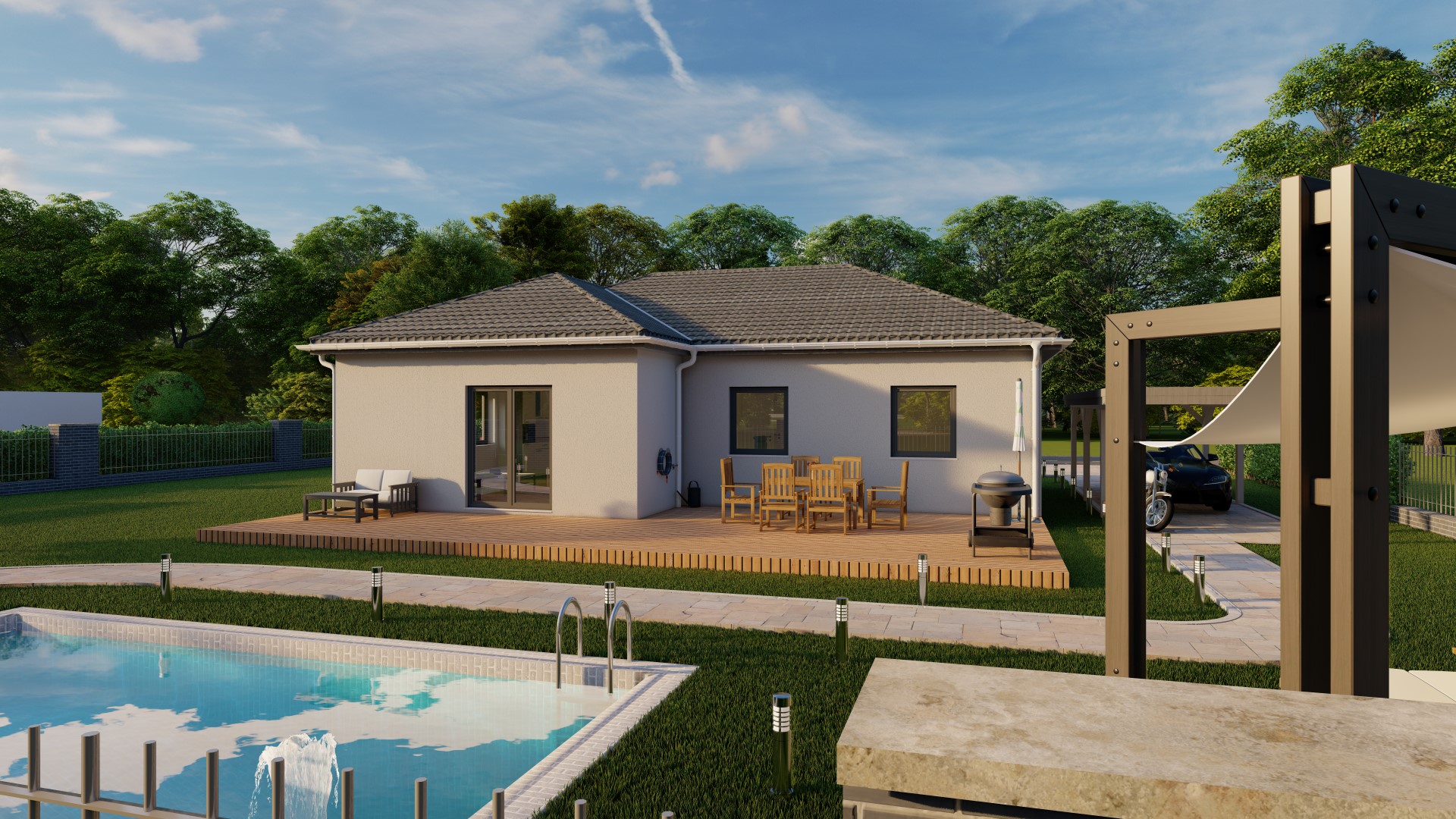 3D-Rendering eines kleinen Einfamilienhauses mit Pool, Terrasse und Außenbereich inklusive Garten und Landschaftselementen