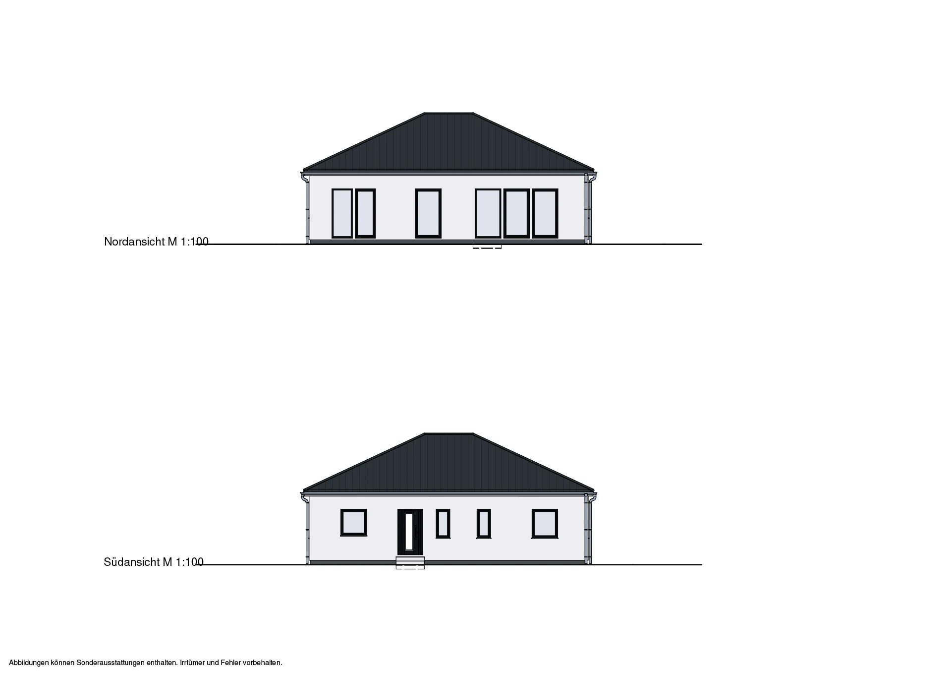 Zwei zweidimensionale Seitenansichten eines Hauses (Nord- und Südansicht) im Maßstab 1:100