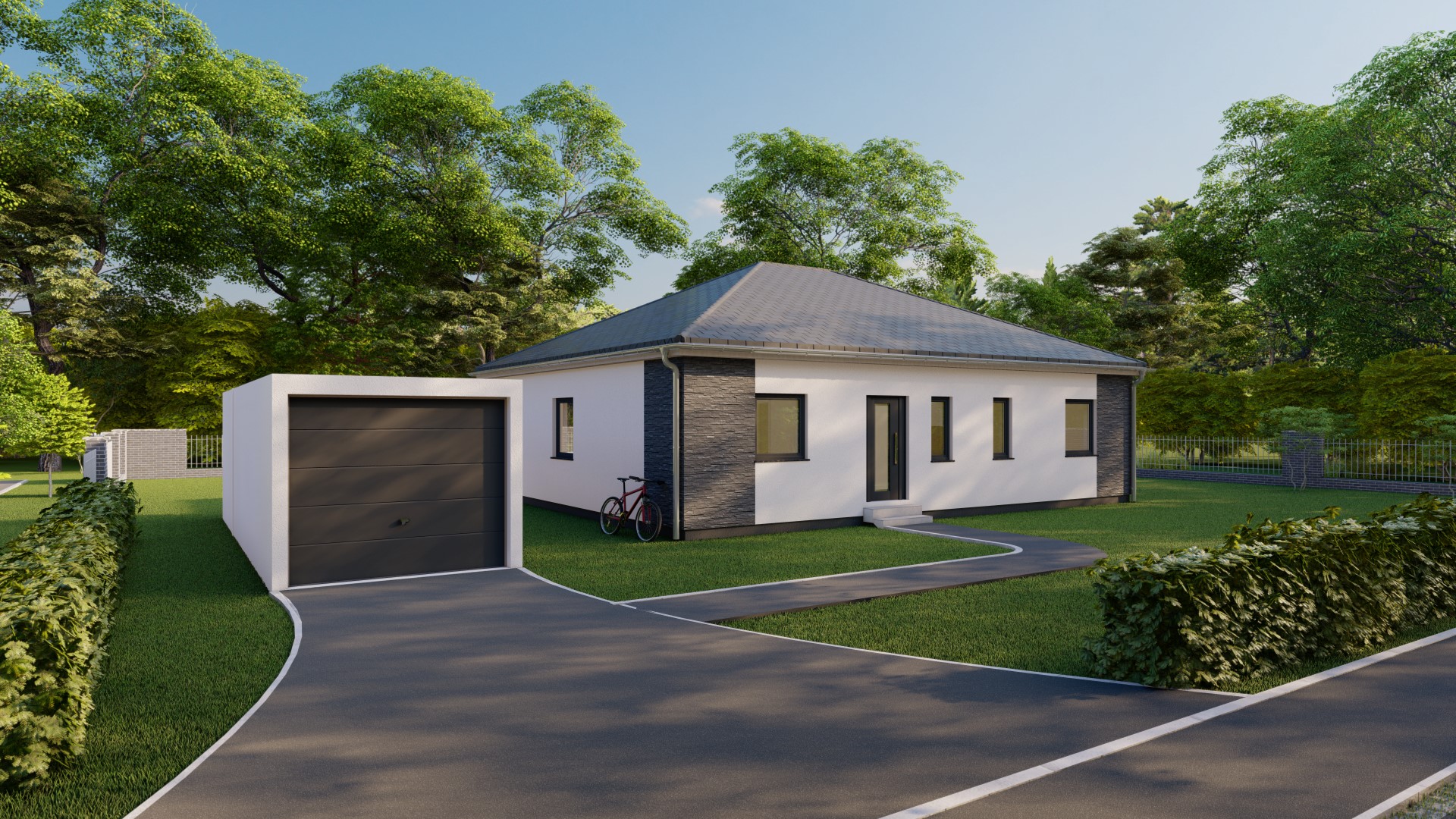 3D-Rendering eines kleinen Einfamilienhauses mit Garage, umgeben von Grünflächen und Bäumen