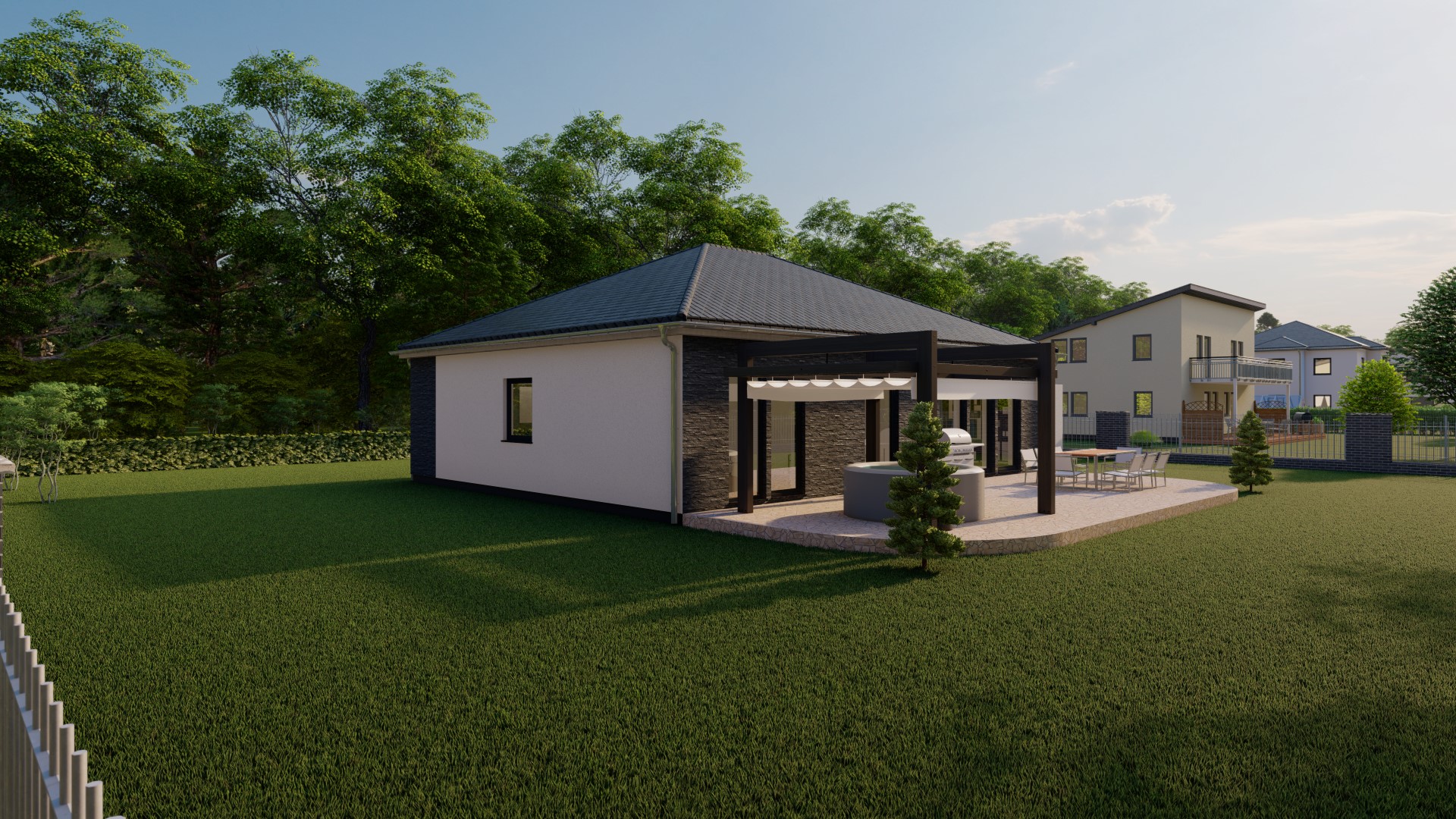 3D-Rendering eines kleinen Einfamilienhauses mit Garten und moderner Architektur, umgeben von Grünflächen und Bäumen