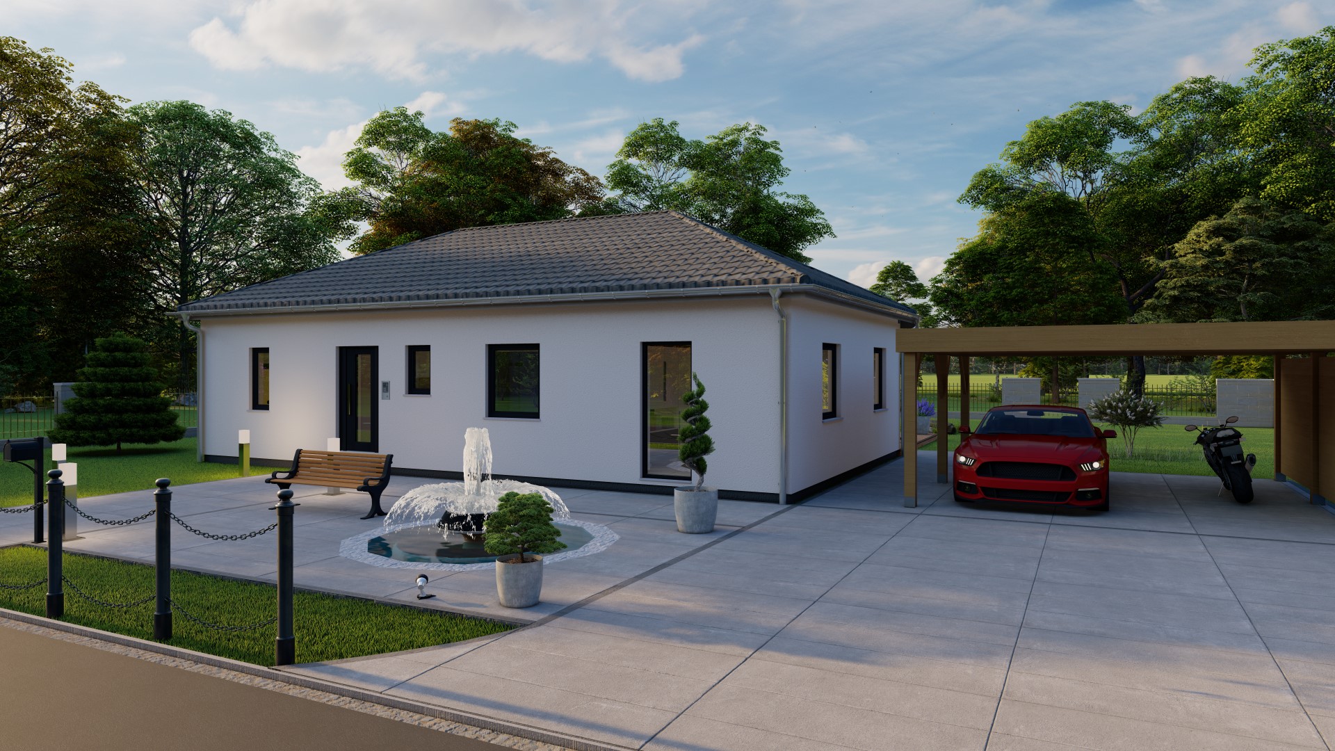 3D-Rendering eines kleinen Einfamilienhauses mit Garten, Carport, Wasserfeature und Landschaftselementen