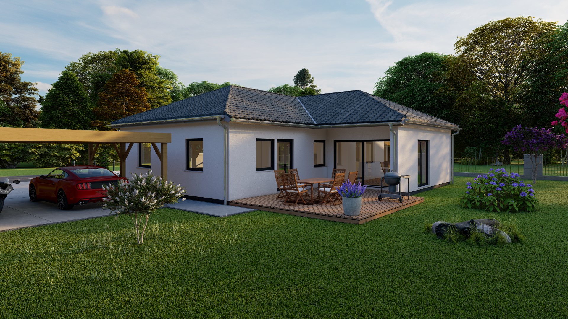 3D-Rendering eines kleinen Einfamilienhauses mit Garten, Terrasse und Auto in der Einfahrt