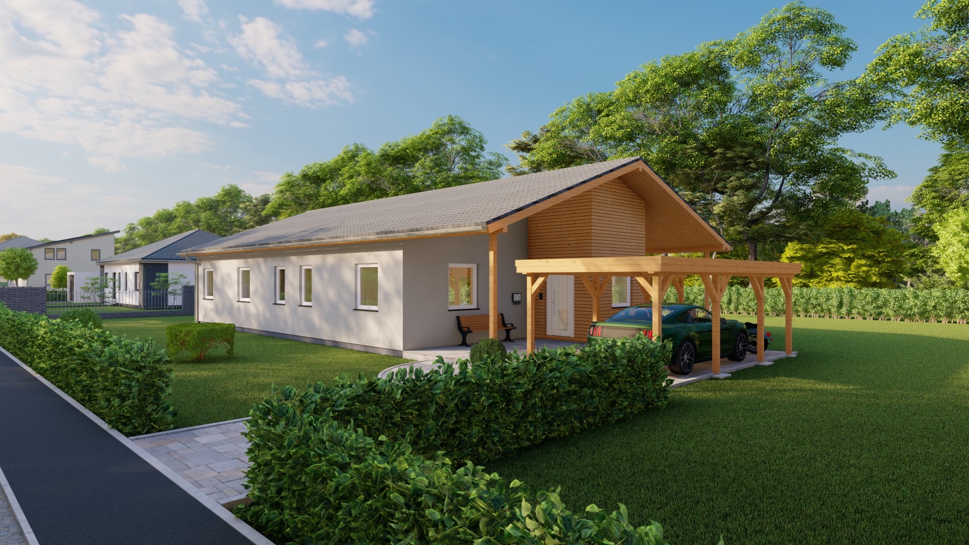 3D-Rendering eines kleinen Einfamilienhauses mit Carport, umgeben von Grünflächen und Garten