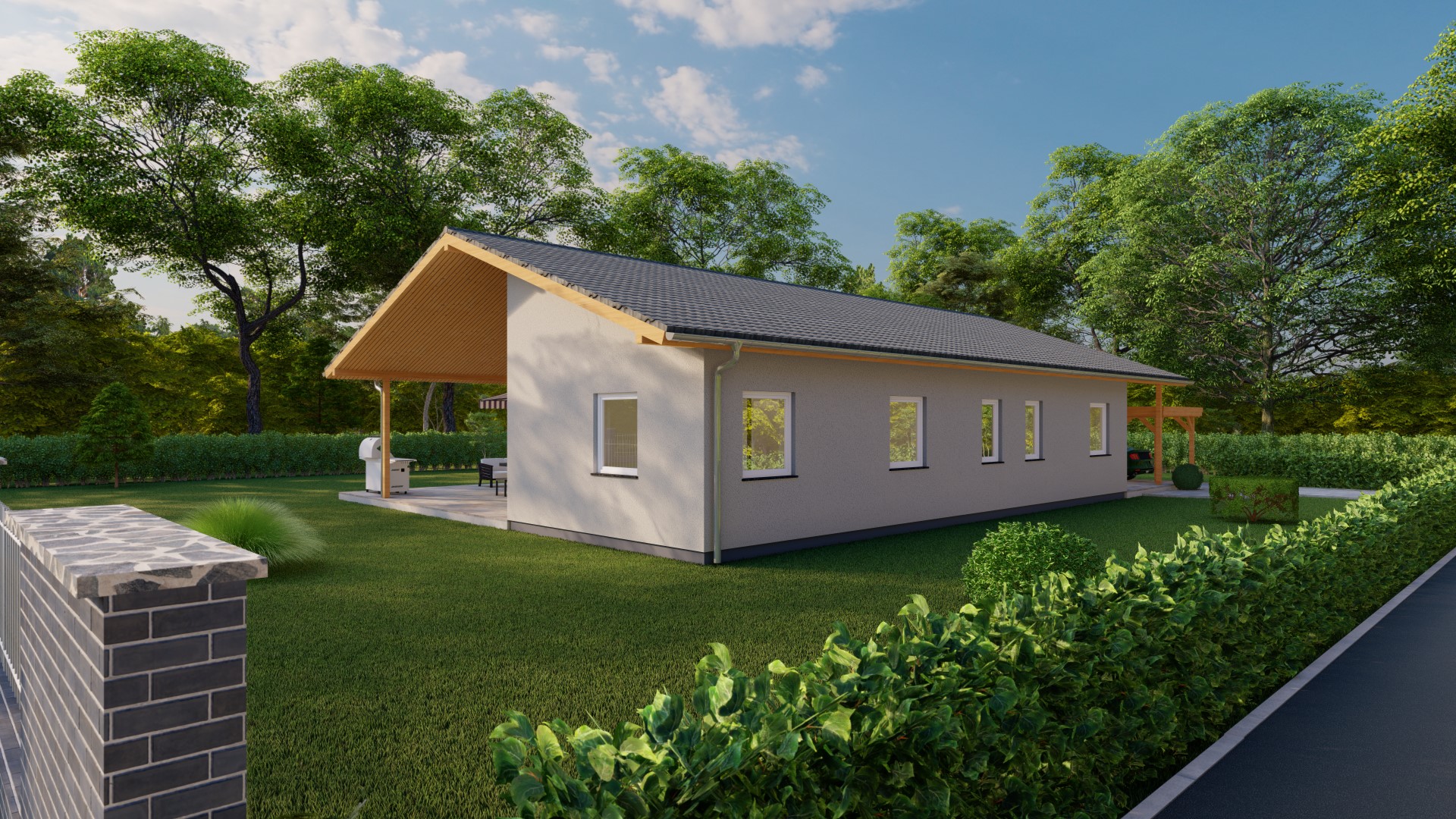 3D-Rendering eines kleinen Einfamilienhauses mit Garten und natürlicher Umgebung, gezeigt von außen