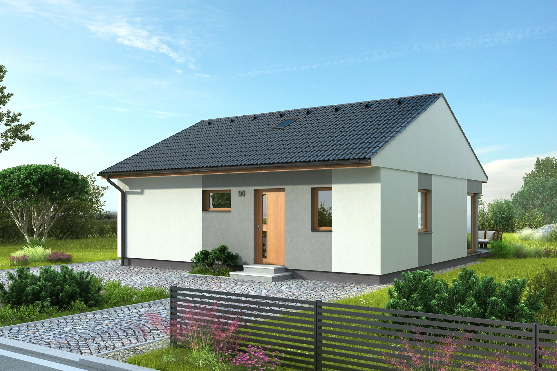 3D-Rendering eines kleinen Einfamilienhauses mit moderner Architektur und gepflegter Gartenanlage.