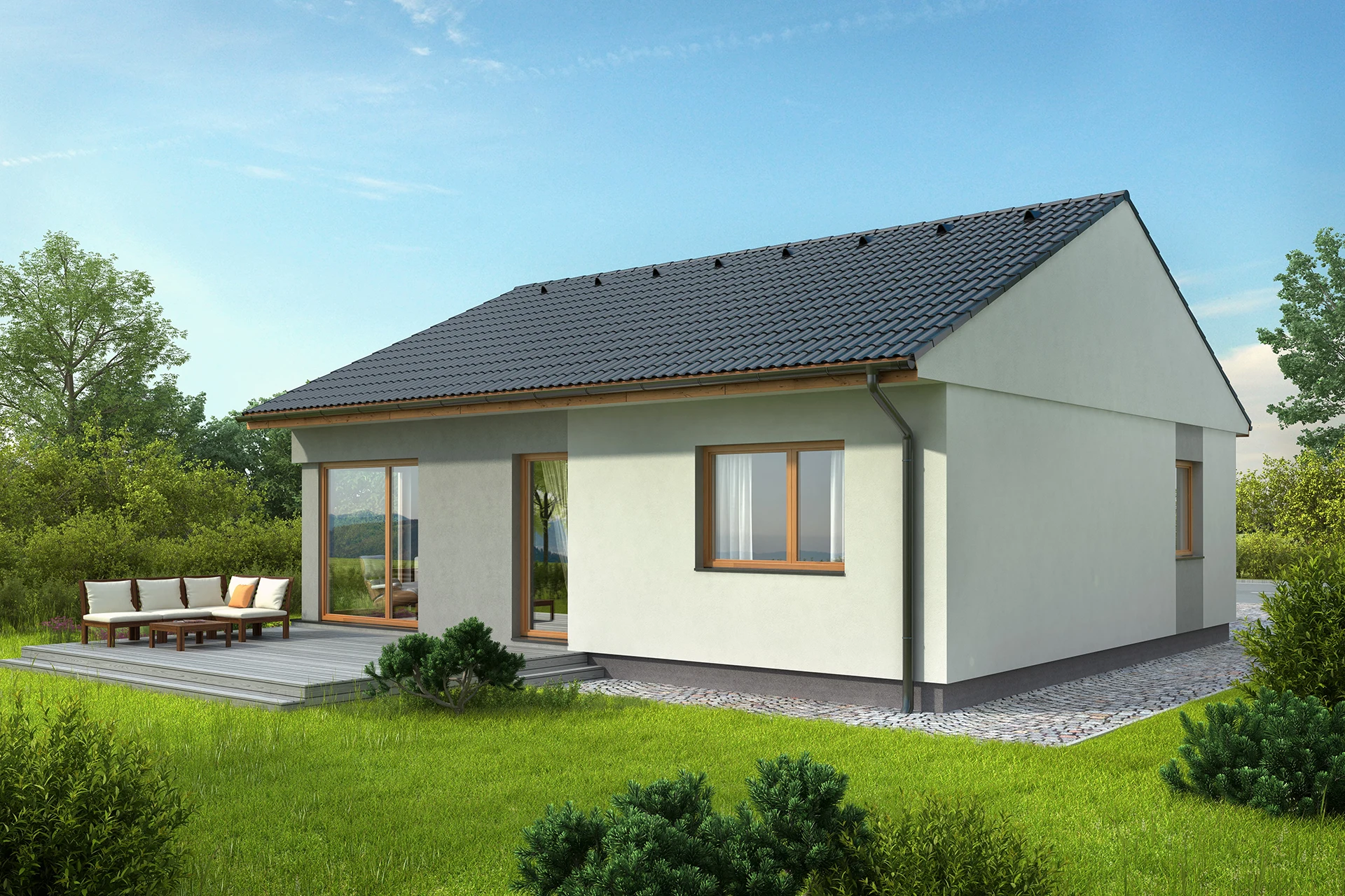 3D-Rendering eines kleinen Einfamilienhauses mit modernem Design, das eine helle Fassade, ein Satteldach und eine Terrasse mit Sitzmöbeln zeigt.