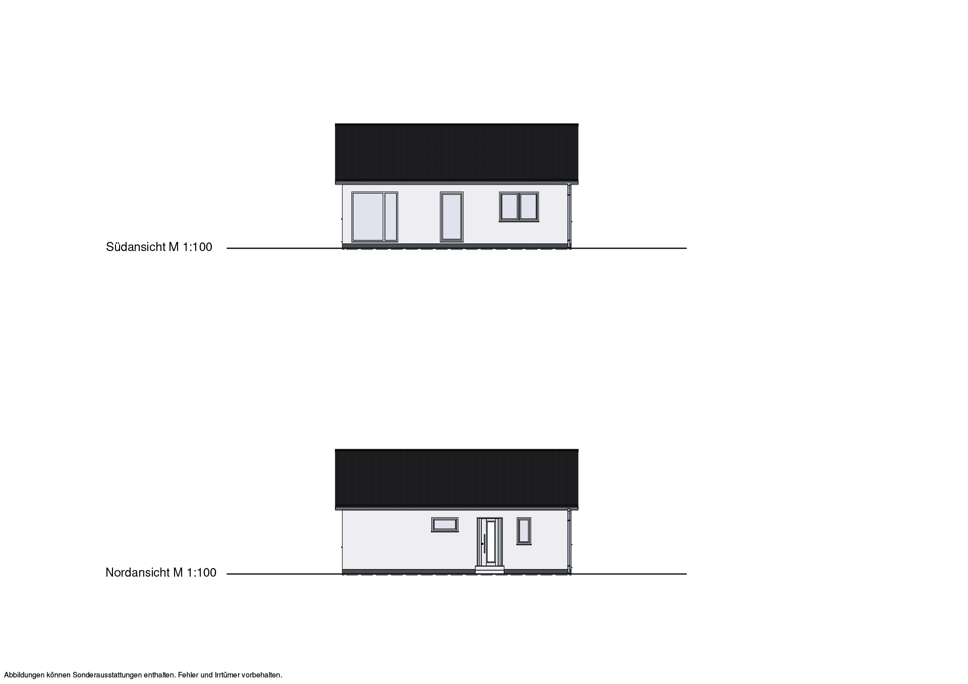 Zwei architektonische Süd- und Nordansichten eines kleinen Einfamilienhauses im Maßstab 1:100.