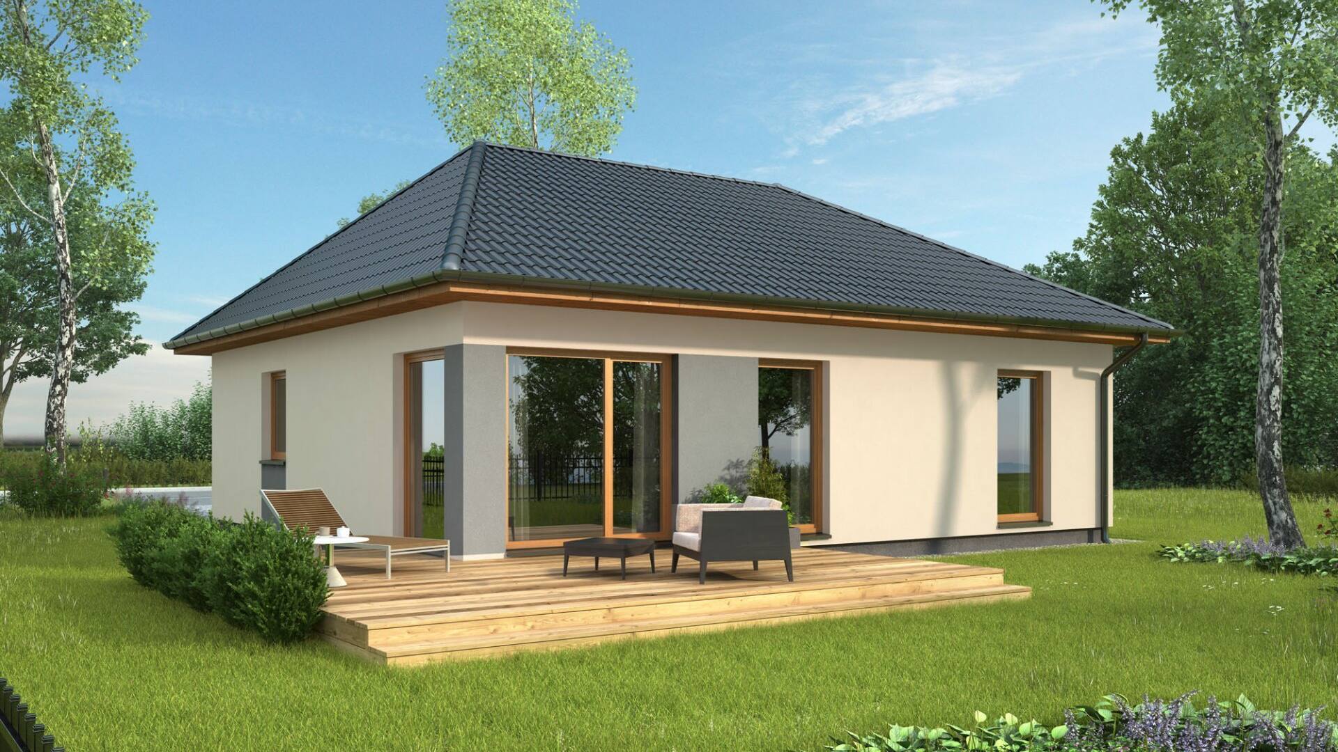 3D-Rendering eines kleinen Einfamilienhauses mit moderner Architektur, großer Glasfront und Holzdeck auf der Terrasse in einer grünen Umgebung.