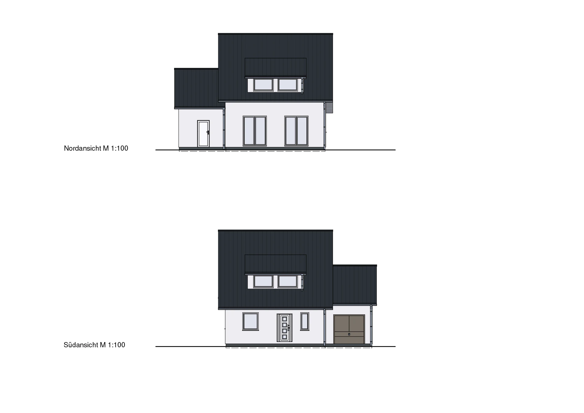 Architektonische Skizze der Nord- und Südansicht eines Hauses im Maßstab 1:100