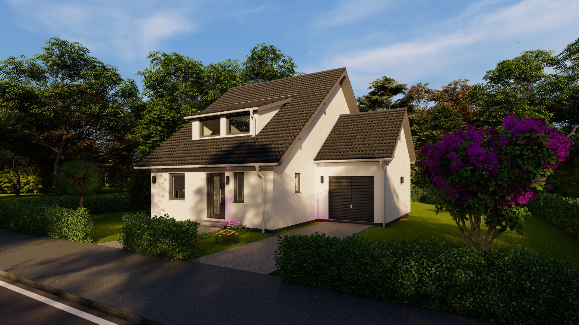 3D-Rendering der Frontansicht eines modernen Einfamilienhauses mit Satteldach und gepflegter Gartenanlage bei Dämmerung