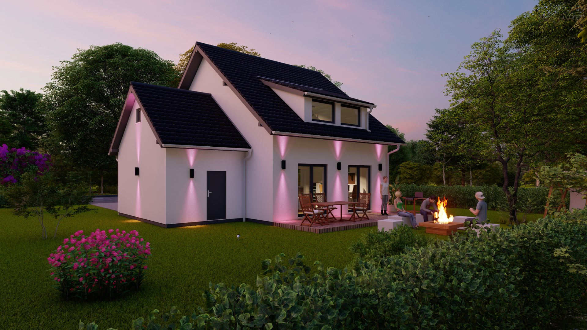 3D-Rendering der Rückseite eines modernen Einfamilienhauses mit beleuchteter Fassade und Gartenbereich mit Personen und Feuerstelle