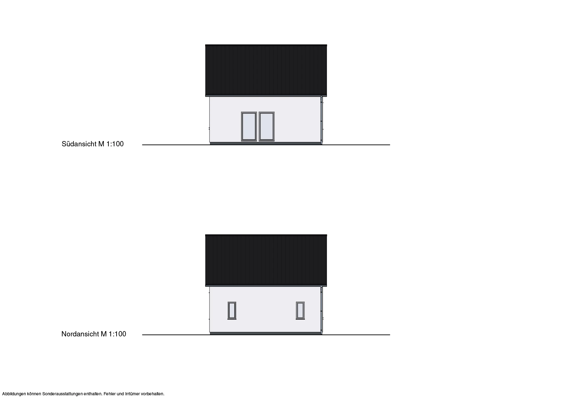 Architektonische Süd- und Nordansicht eines Hauses im Maßstab 1:100, zweidimensionale Skizze
