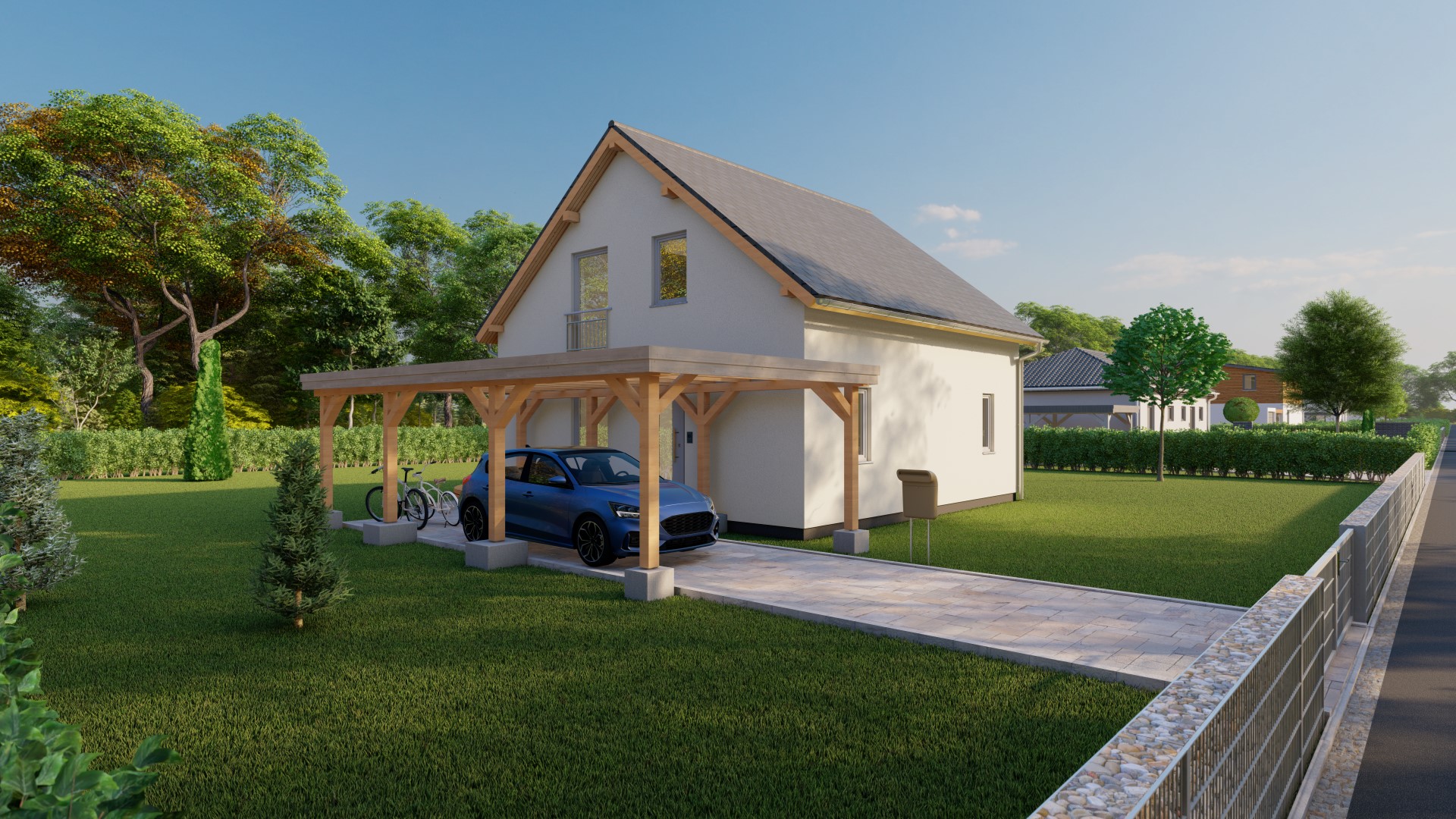 3D-Rendering eines kleinen Einfamilienhauses mit Carport, umgeben von einer gepflegten Grünanlage und Garten.