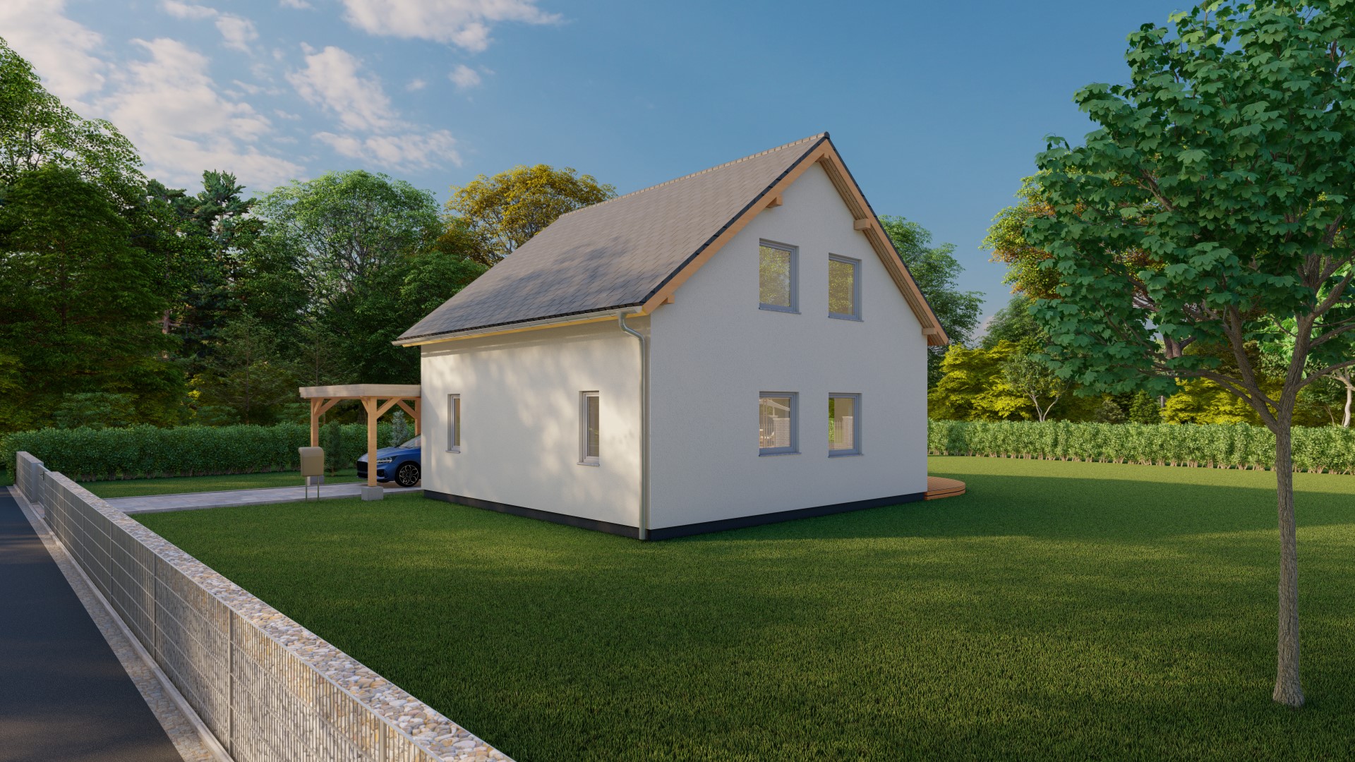 3D-Rendering eines kleinen Einfamilienhauses mit Garten und Umgebung, inklusive Carport und Zaun.