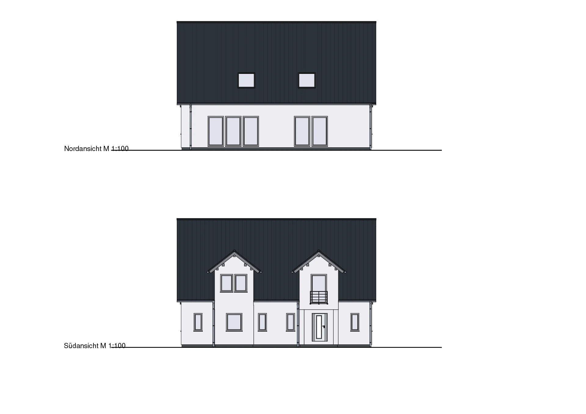 Zwei architektonische Seitenansichten eines Hauses in einer Skizze dargestellt