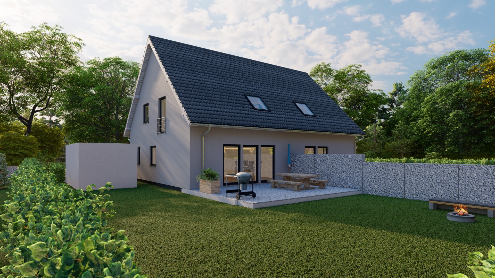 3D-Rendering eines modernen Einfamilienhauses mit Gartenbereich, Terrasse und Außenwandgestaltung