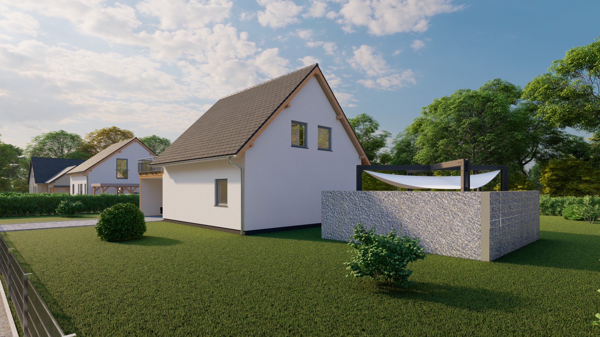 3D-Visualisierung eines modernen Einfamilienhauses mit Garten und Außenbereich, inklusive Nachbarhäusern und Landschaftselementen.