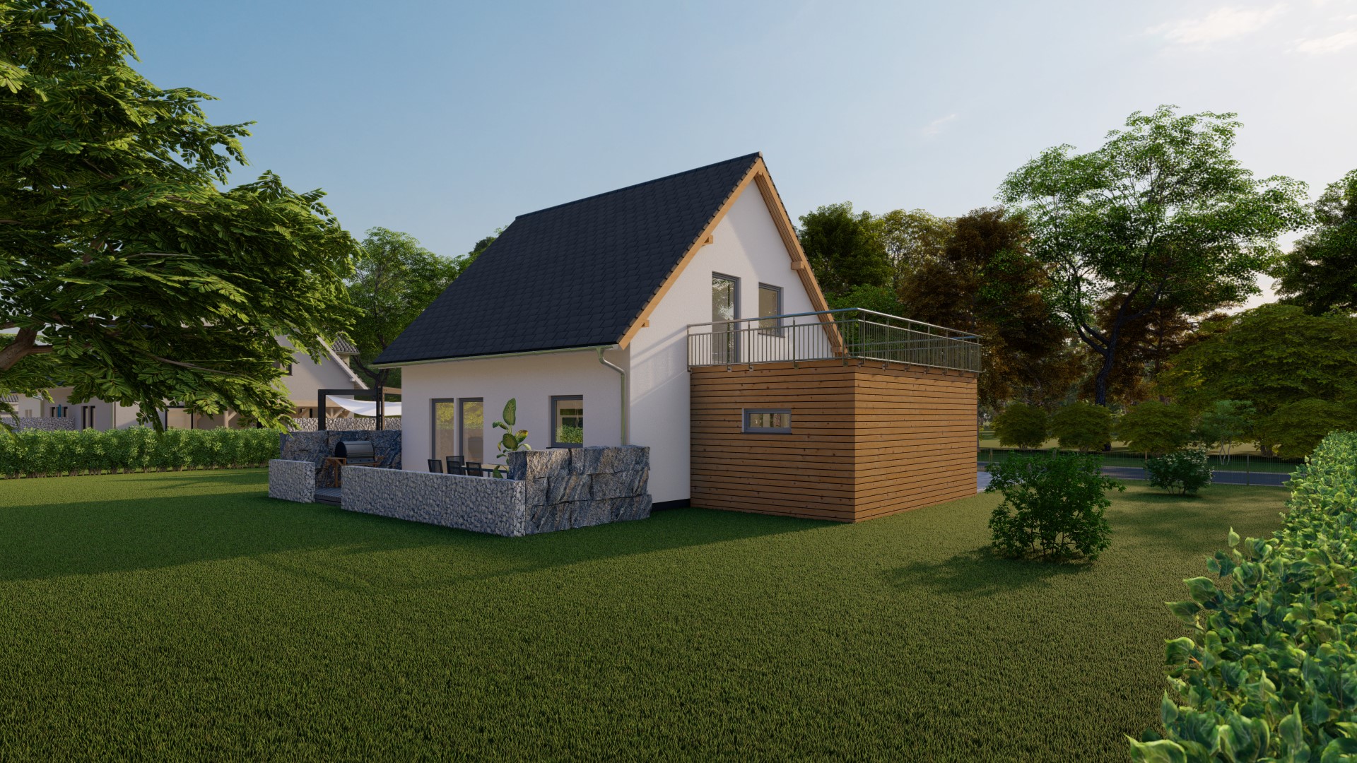 3D-Rendering eines kleinen Einfamilienhauses mit modernem Design, umgeben von Grünflächen und Bäumen.