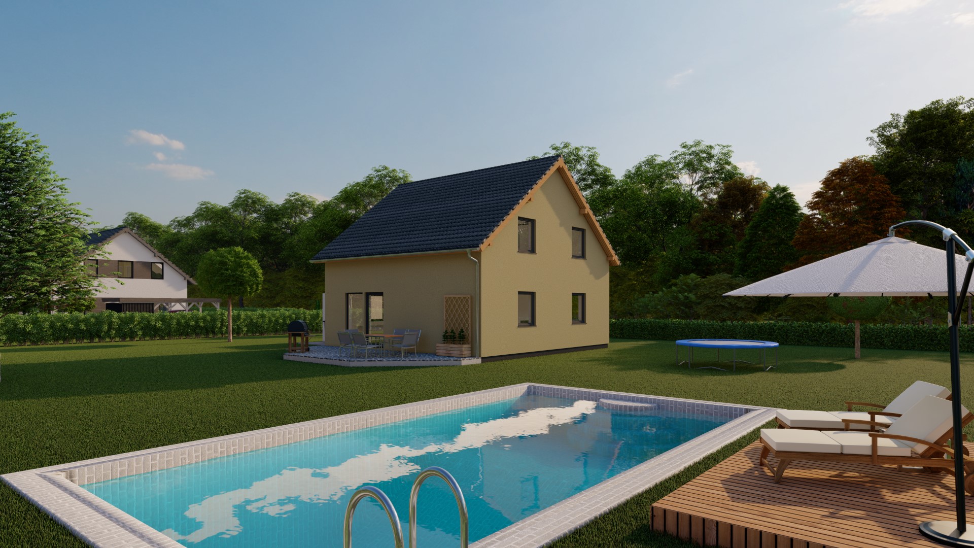 3D-Rendering eines zweistöckigen Einfamilienhauses mit Pool, Garten und Außenbereich
