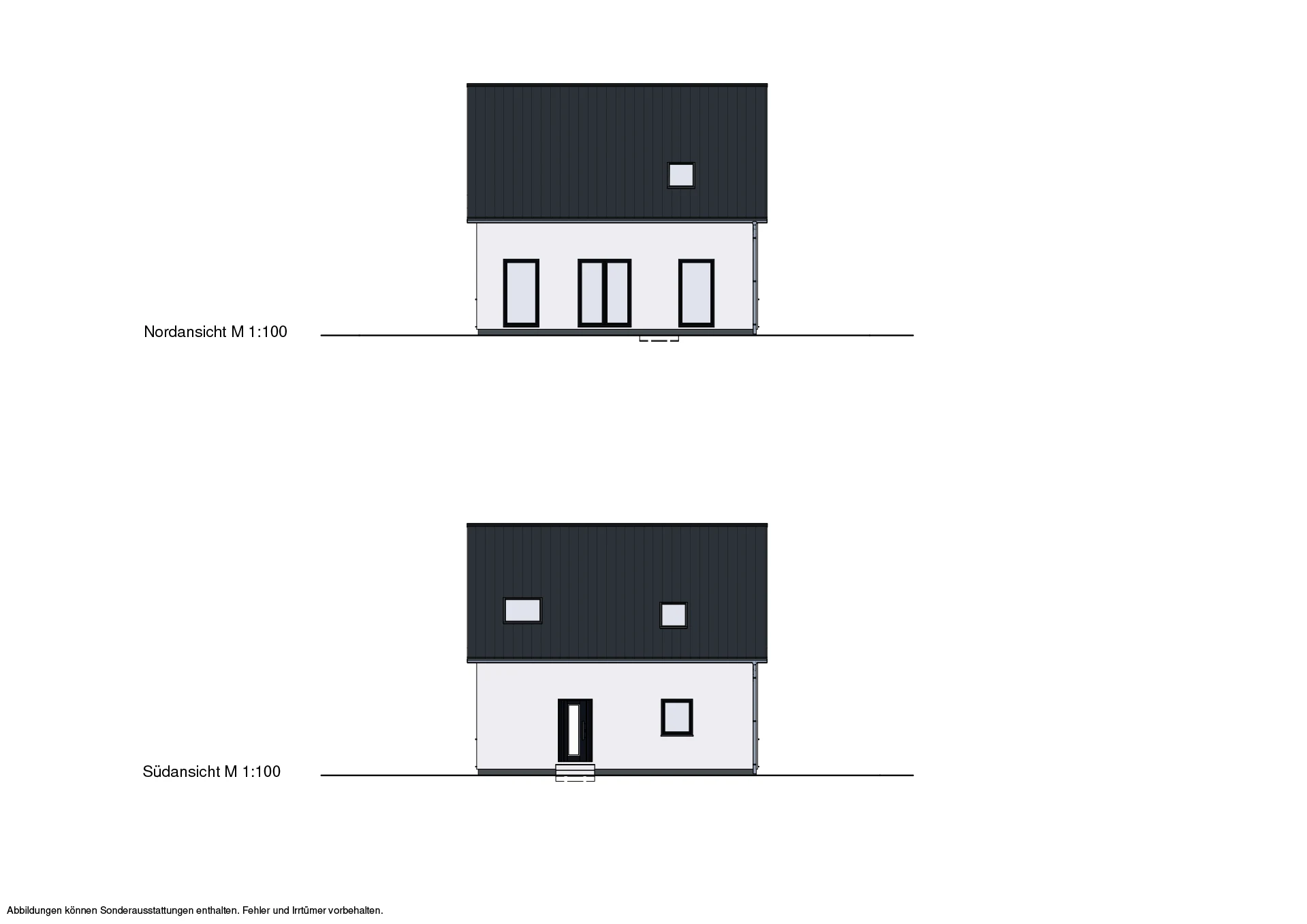 Zwei schematische Außenansichten eines Hauses aus Nord- und Südperspektive im Maßstab 1:100