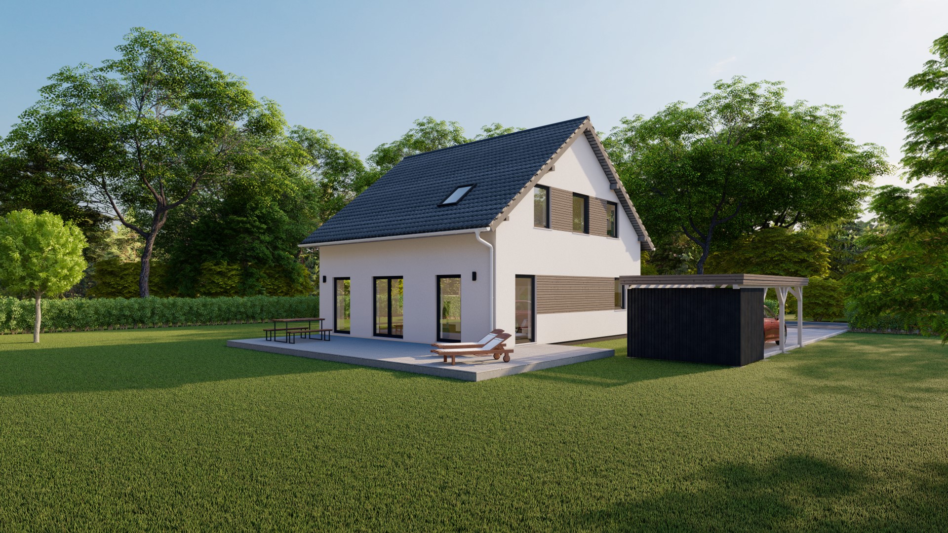 3D-Rendering eines modernen Einfamilienhauses mit Garten und Terrasse, umgeben von Grünflächen und Bäumen
