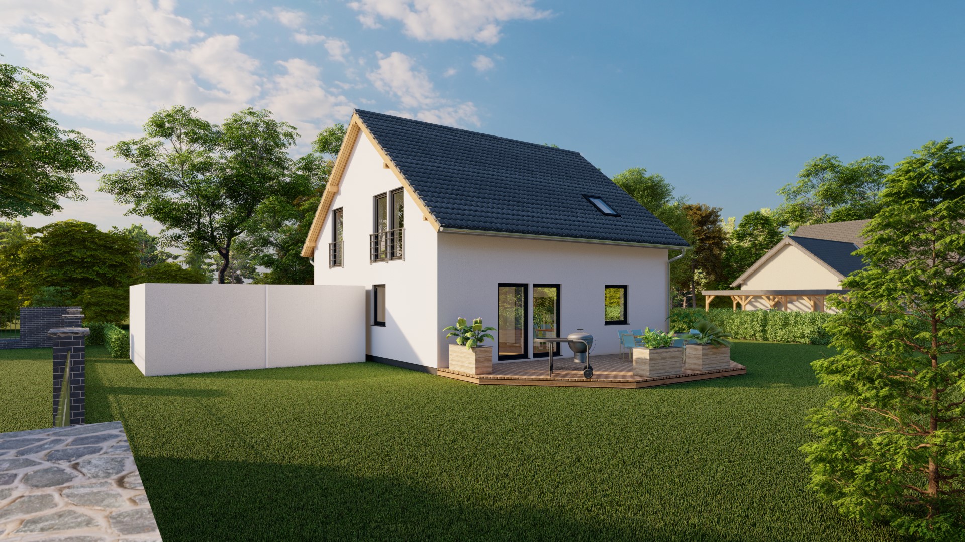 3D-Rendering eines modernen Einfamilienhauses mit Garten und Außenbereich, inklusive Terrasse und Grünflächen