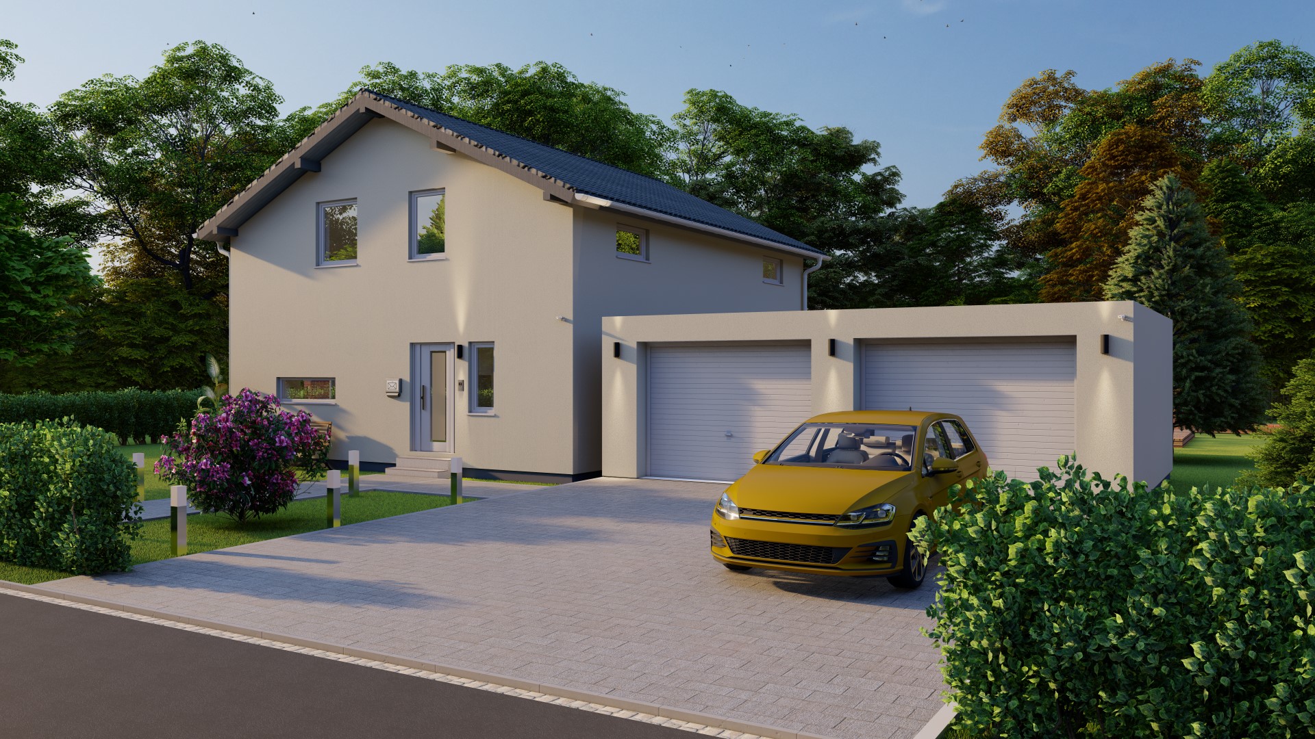 3D-Rendering eines modernen Einfamilienhauses mit Garage und geparktem Auto